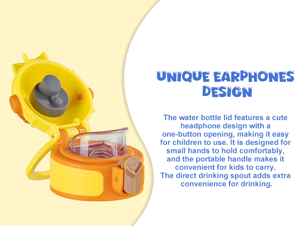 a close up of a yellow water bottle lid featuring a headphone shaped design with a clear spout and descriptive text about its unique features