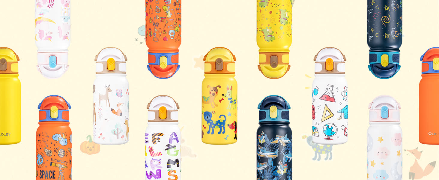 a collection of colorful insulated water bottles arranged on a light yellow background each featuring different cartoon animal patterns and designs