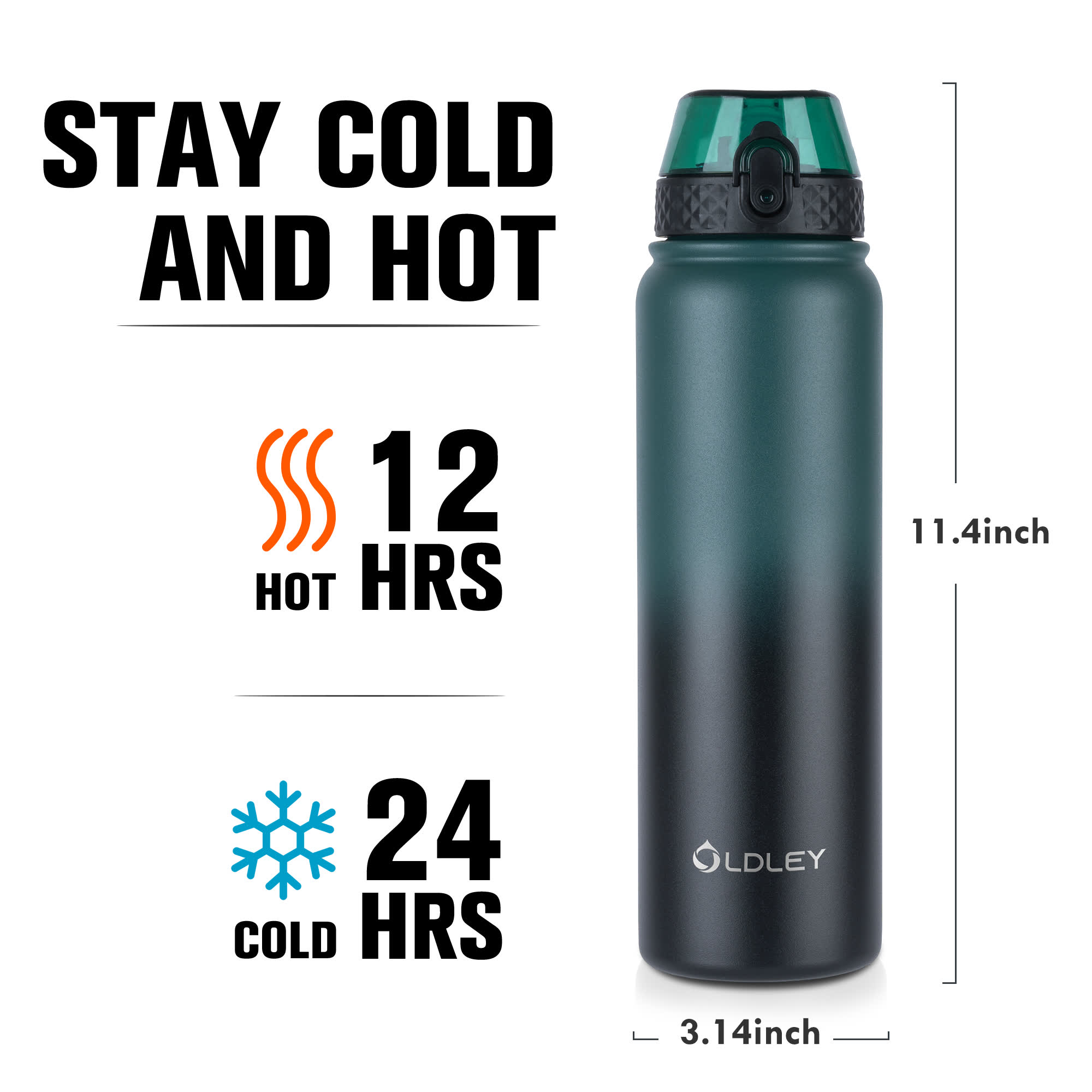 full view dark green black gradient insulated bottle with green lid and temperature hours