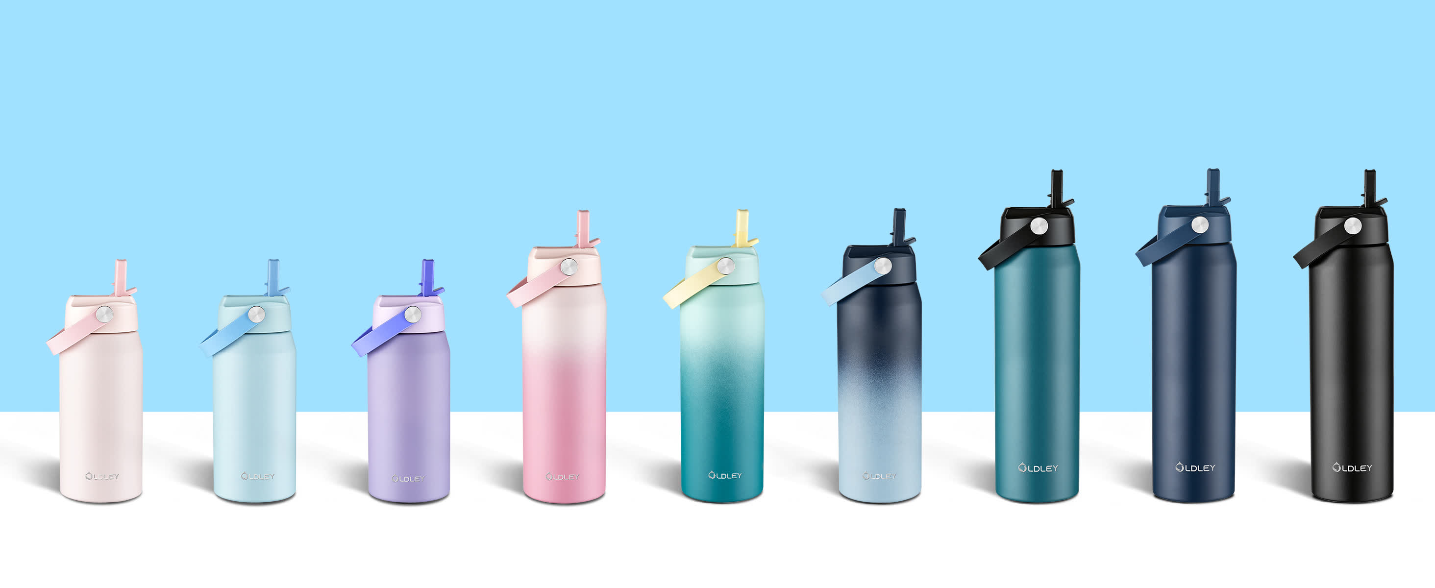 nine gradient color water bottles in various shades on blue background