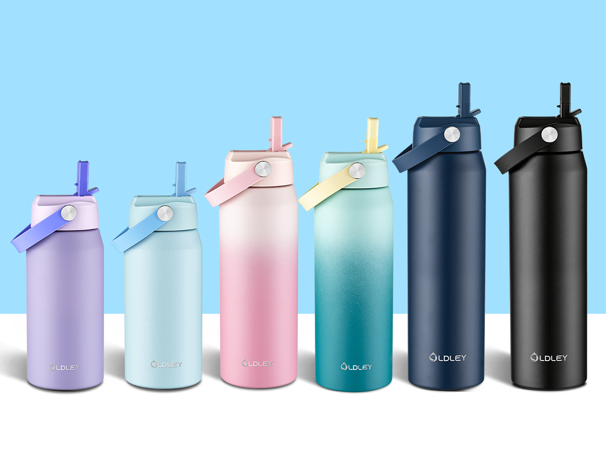 six gradient color water bottles in various shades on blue background