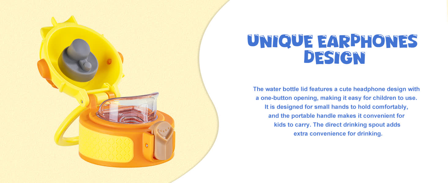 a close up of a yellow insulated water bottle lid with a headphone shaped design and a clear drinking spout next to blue text