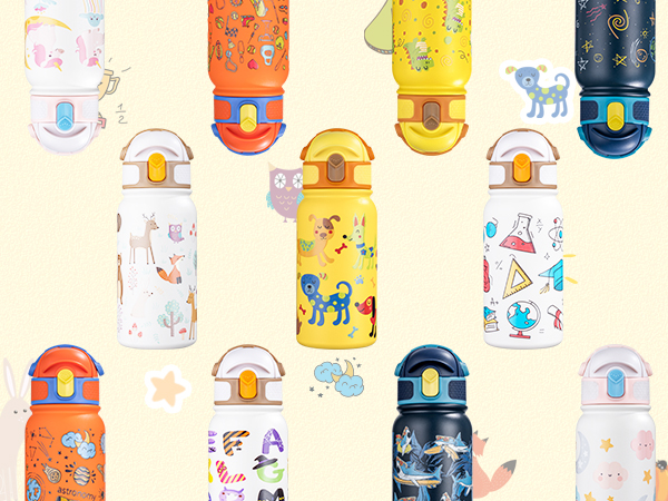 a grid of multiple colorful insulated water bottles each featuring different cartoon animal designs including foxes dogs cats and sharks on a light background
