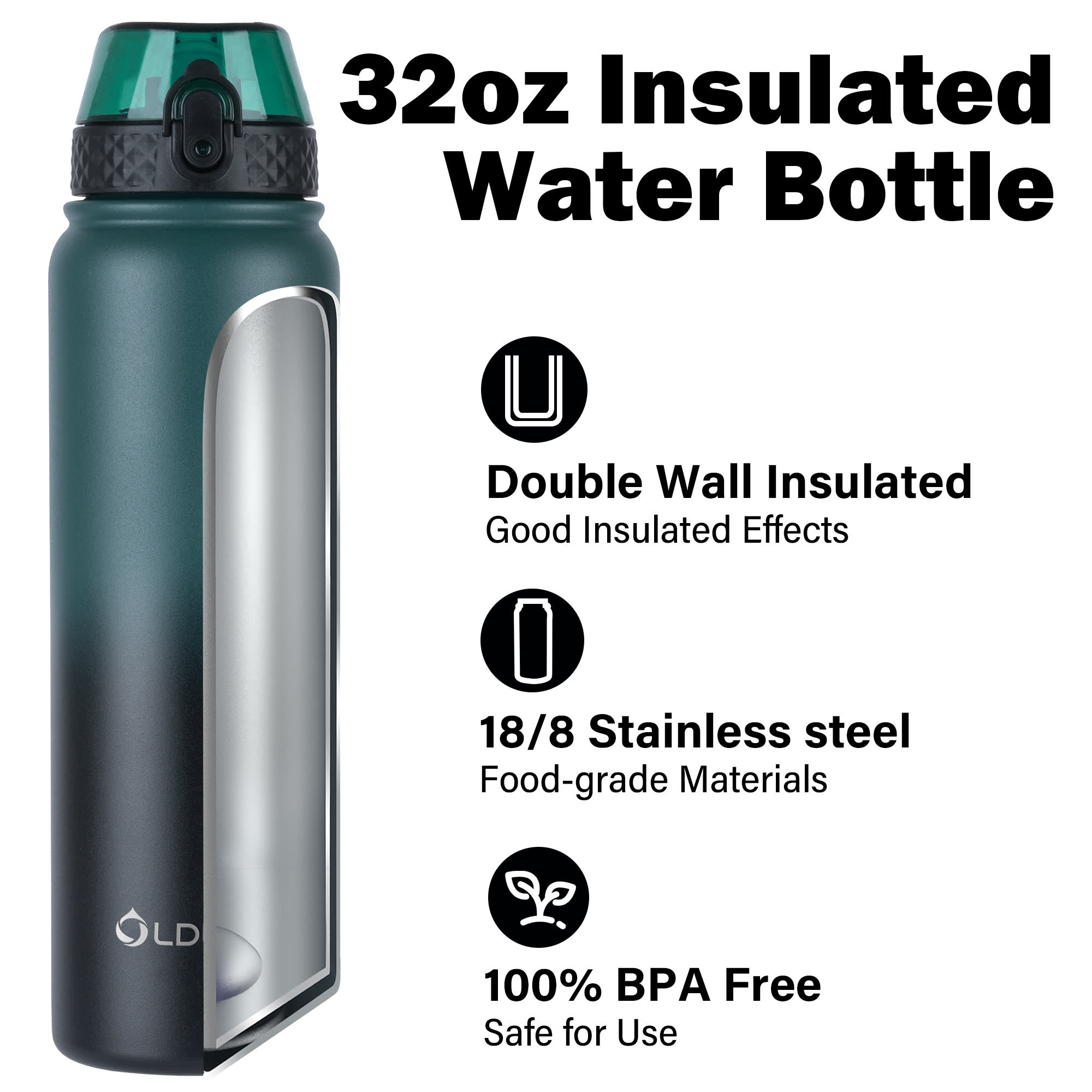 cutaway view dark green black gradient water bottle showing double wall stainless steel insulation