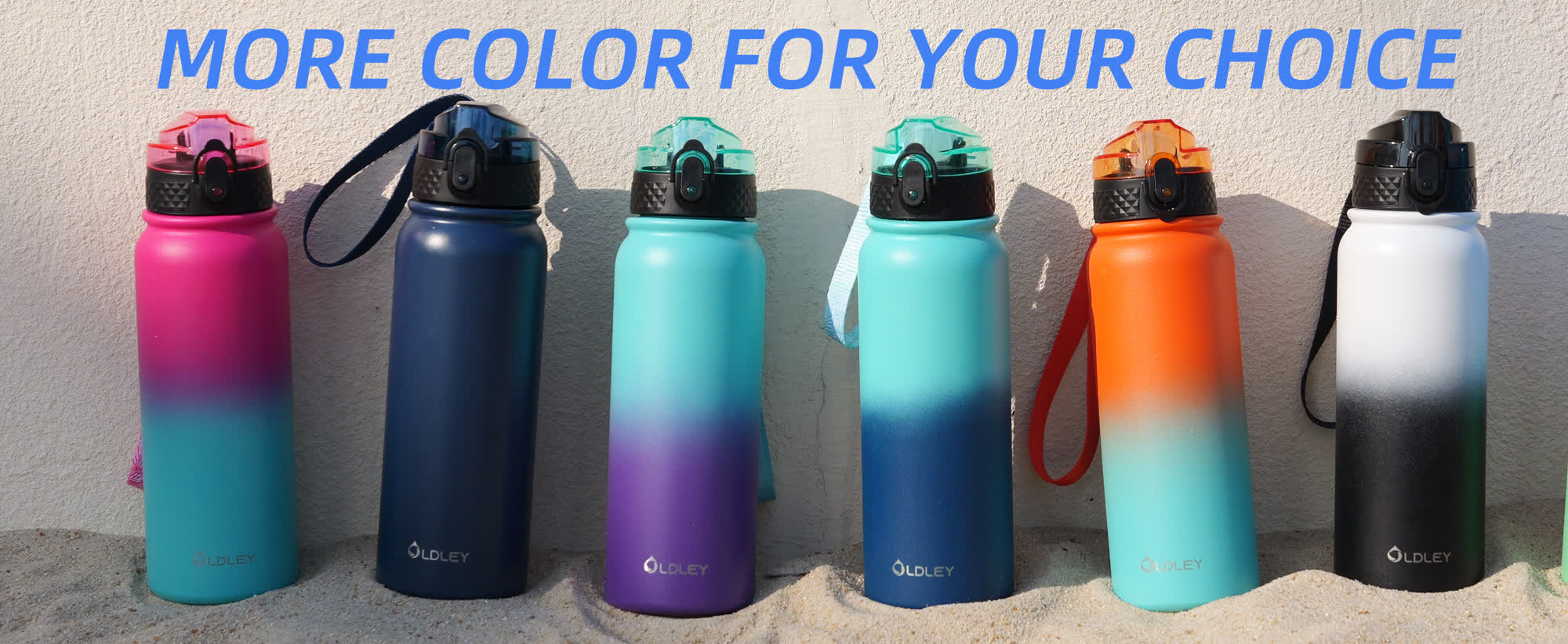 row of six colorful gradient water bottles in pink navy purple blue orange and white black