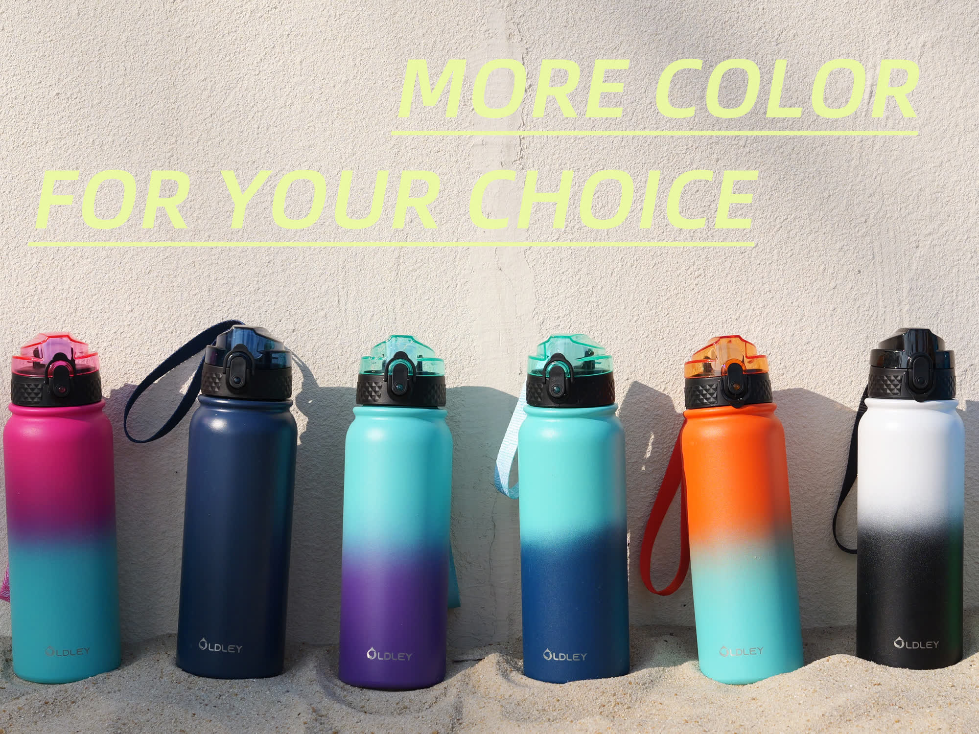row of six colorful gradient water bottles with more color for your choice text display