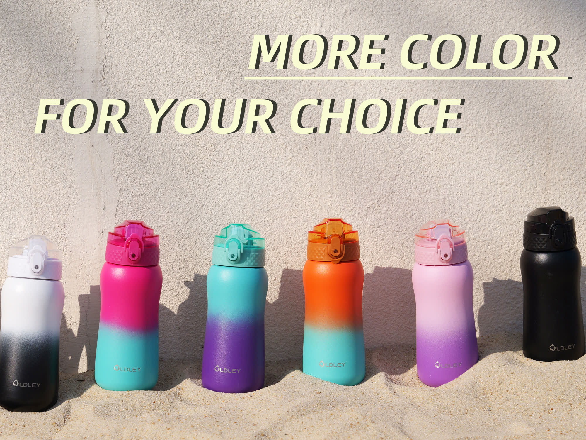 six gradient colored water bottles displayed on sand with text overlay