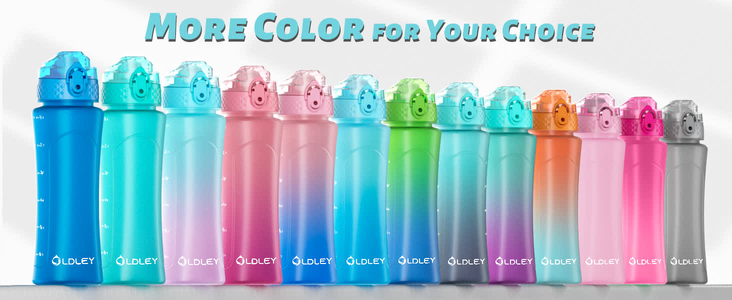 ten colorful gradient water bottles in blue teal pink green orange and gray lined up in row on white background