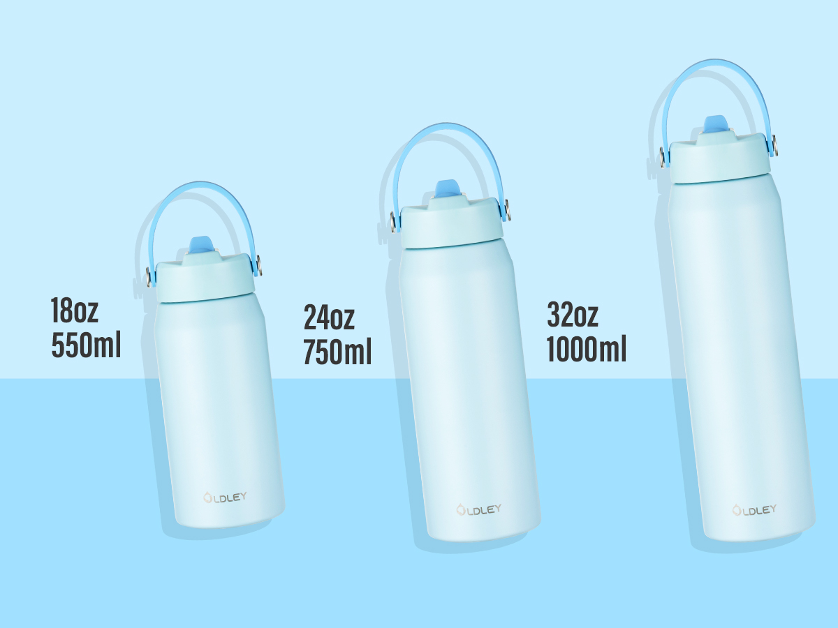 three light blue water bottles in different sizes on blue background