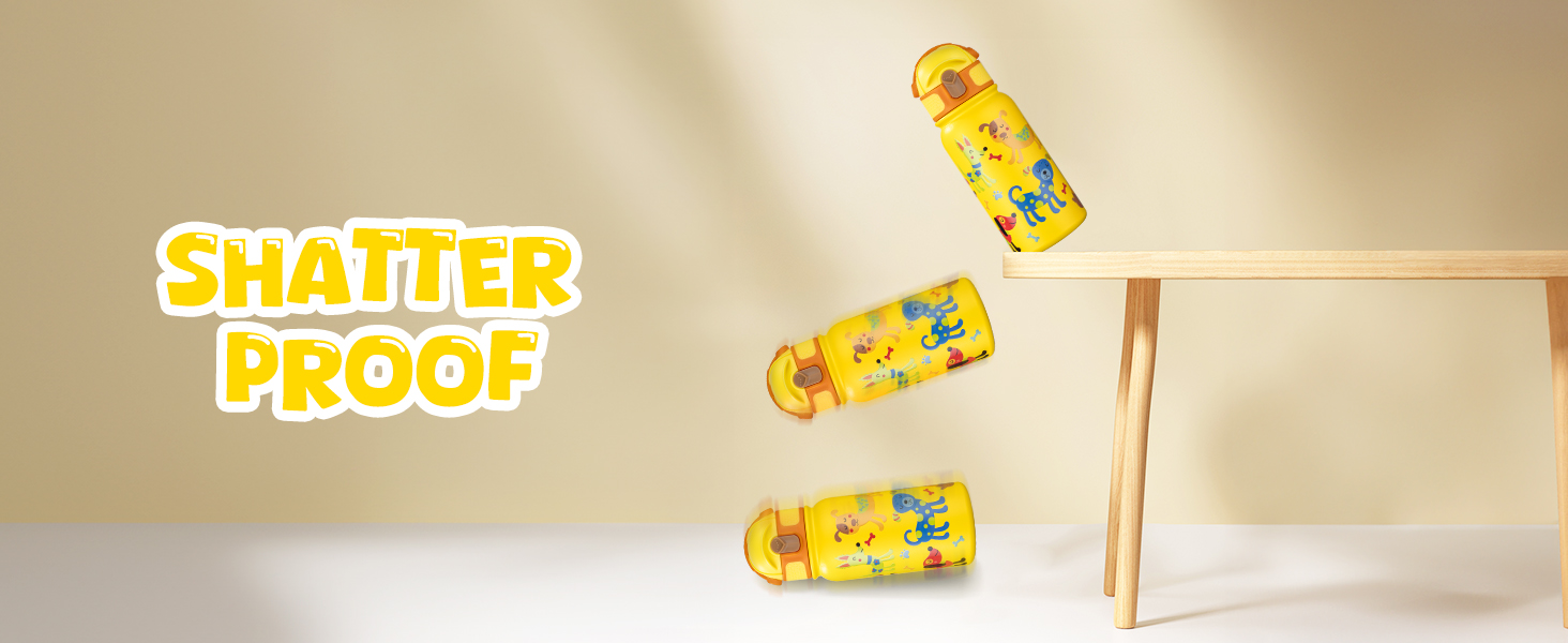 a sequence showing a yellow insulated water bottle falling from a wooden table demonstrating its shatter proof durability with large yellow text