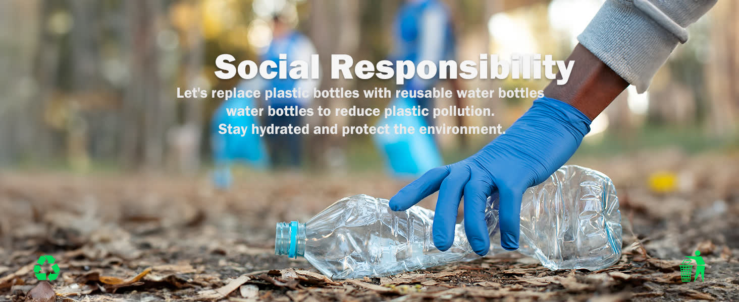 hand with blue glove picking up clear plastic water bottle from forest floor covered with brown leaves