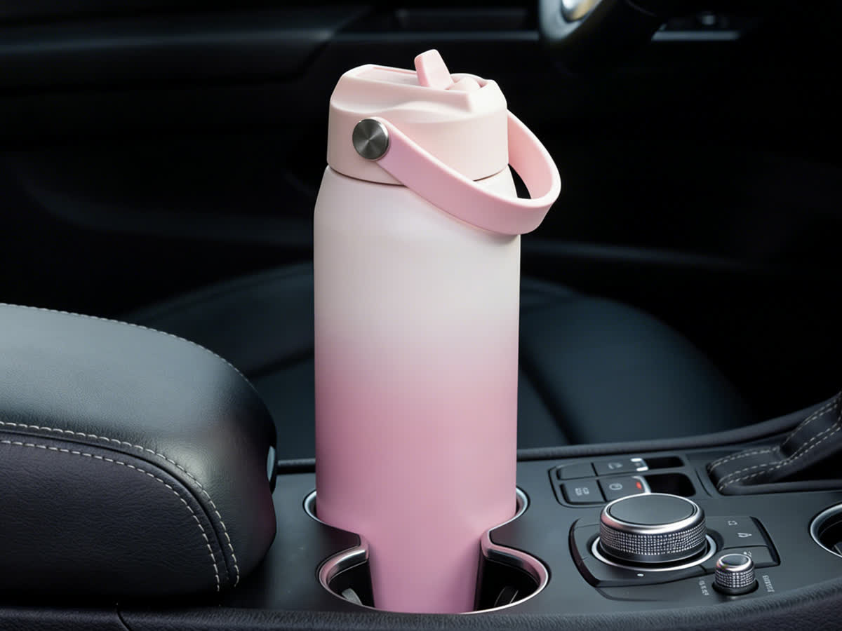 pink gradient water bottle in car cupholder on dark interior