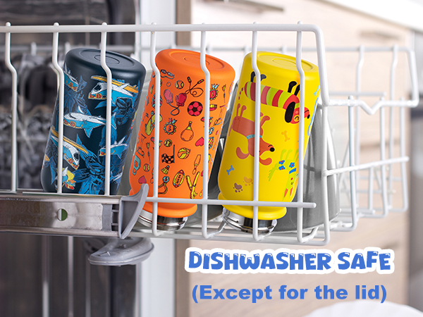three colorful insulated water bottles placed in a white dishwasher rack with blue text saying dishwasher safe except for the lid on a kitchen counter