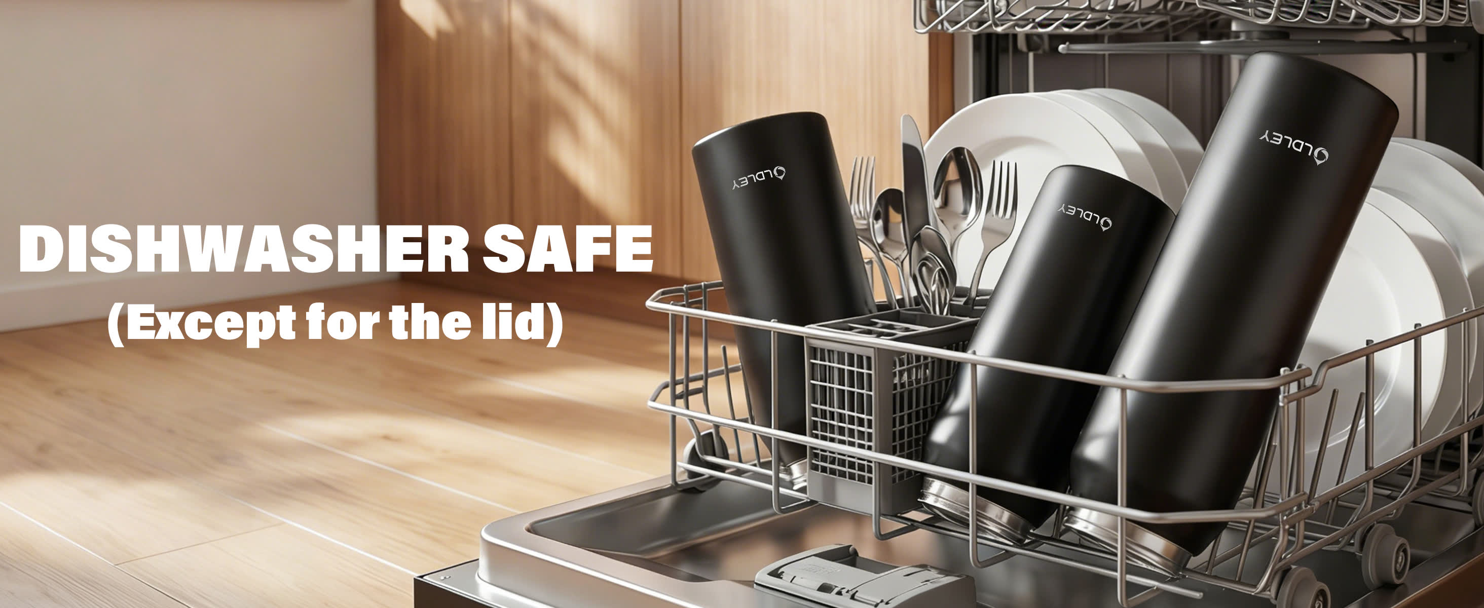 black water bottles in dishwasher rack with white plates and text