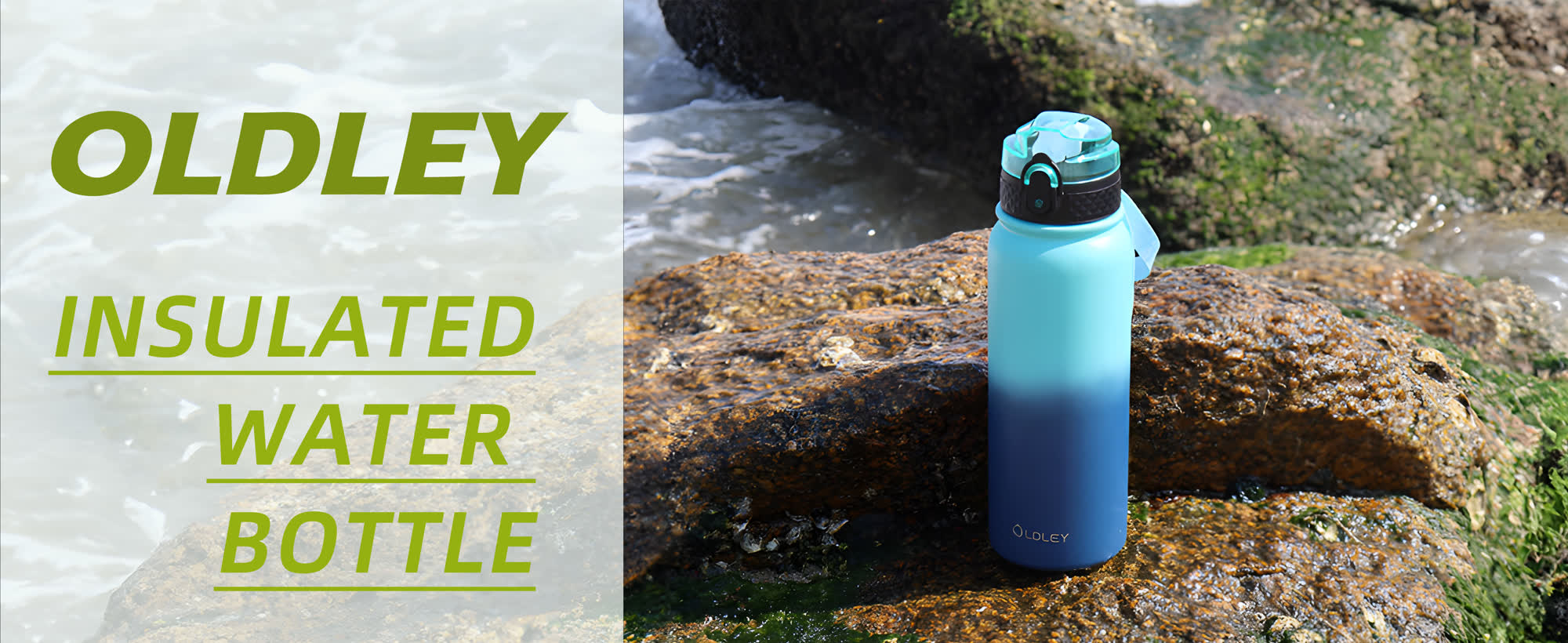 split image with blue gradient bottle on rocks near ocean with green insulated water bottle text