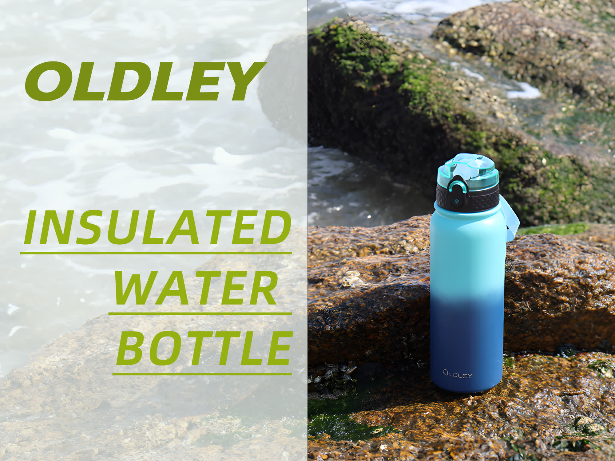 split image with blue gradient bottle on rocks near ocean with insulated water bottle text