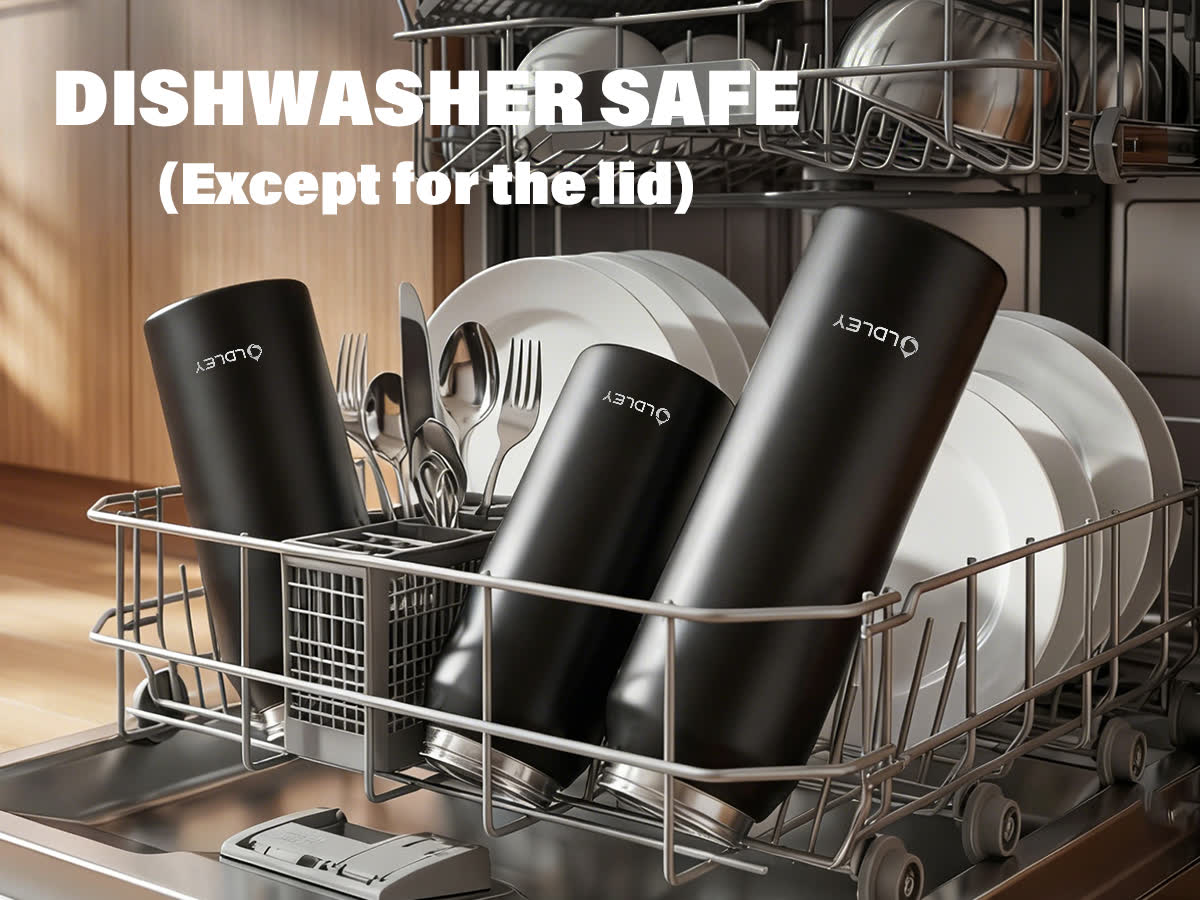 three black water bottles in dishwasher rack with plates and silverware