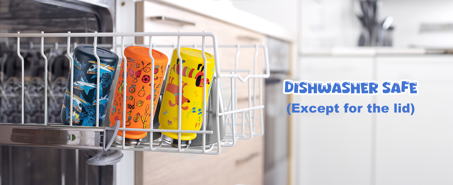 three colorful insulated bottles sitting inside a white dishwasher rack with blue text saying dishwasher safe except for the lid on a light background