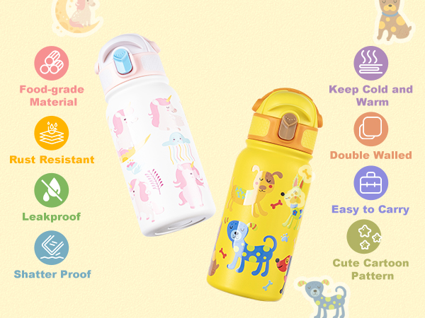 two insulated water bottles one with pink unicorns and one with yellow cartoon dogs each surrounded by circular icons highlighting product features on a light background