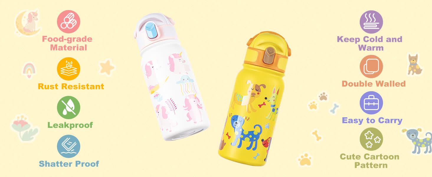 two insulated water bottles one white with pink unicorns and one yellow with colorful dogs surrounded by circular feature icons on a light background