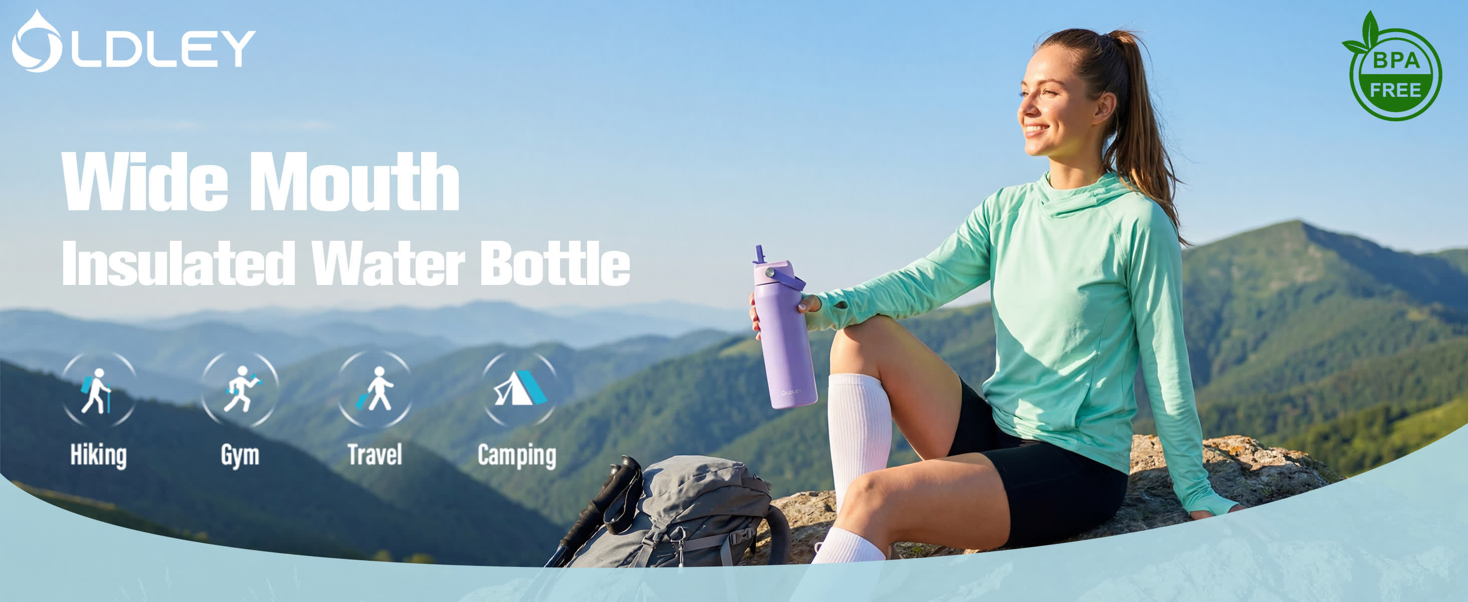 woman holding purple bottle on mountain with oldley logo and bpa free badge