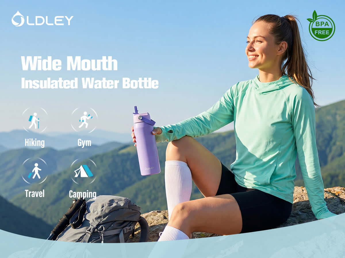 woman sitting on mountain holding purple bottle with oldley logo
