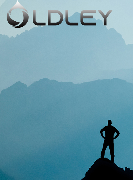silhouette of person standing on mountain peak with layered blue mountains and brand logo