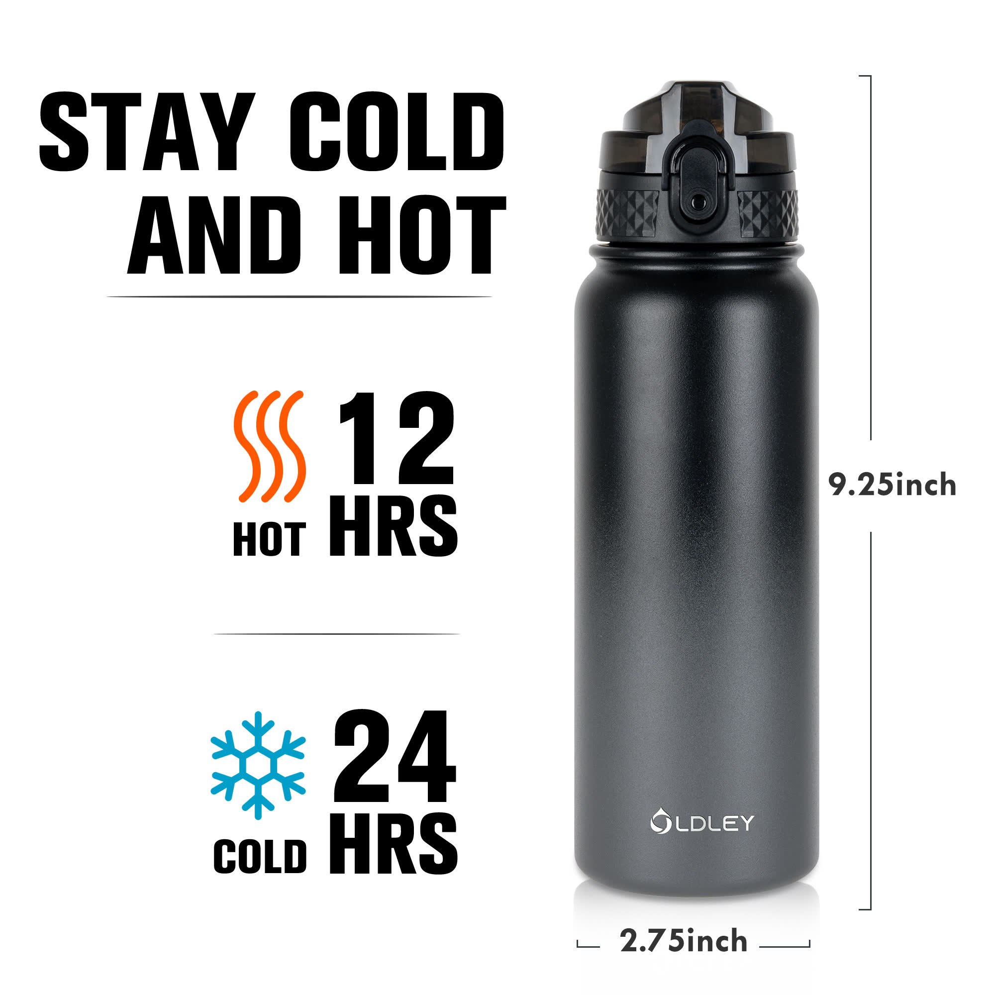 Oldley Black Grey Triple Lid Thermos - Insulated Travel Bottle - Image 4