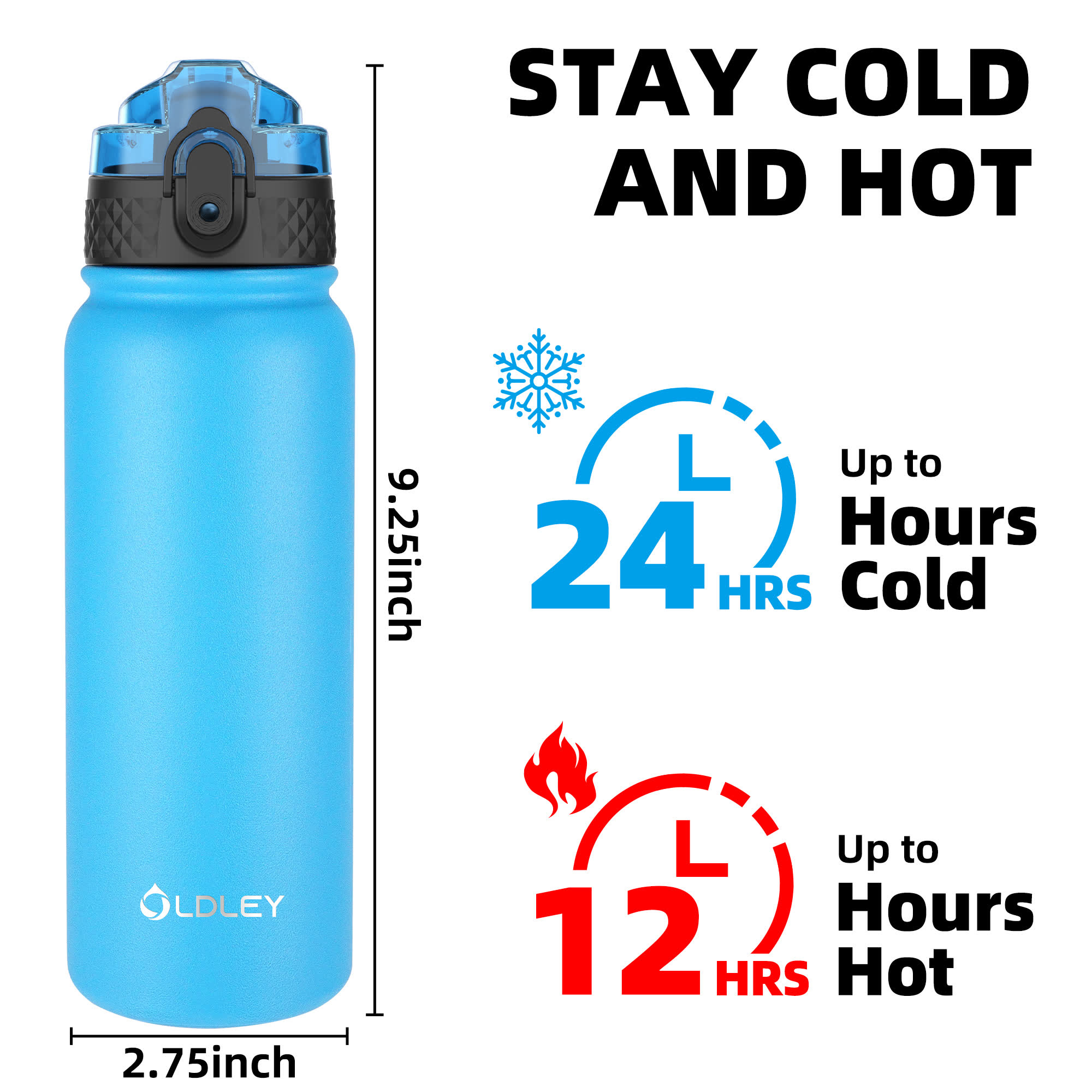 Oldley 20oz Triple Lid Thermos Bottle - Blue Vacuum Insulated Water Flask - Image 3