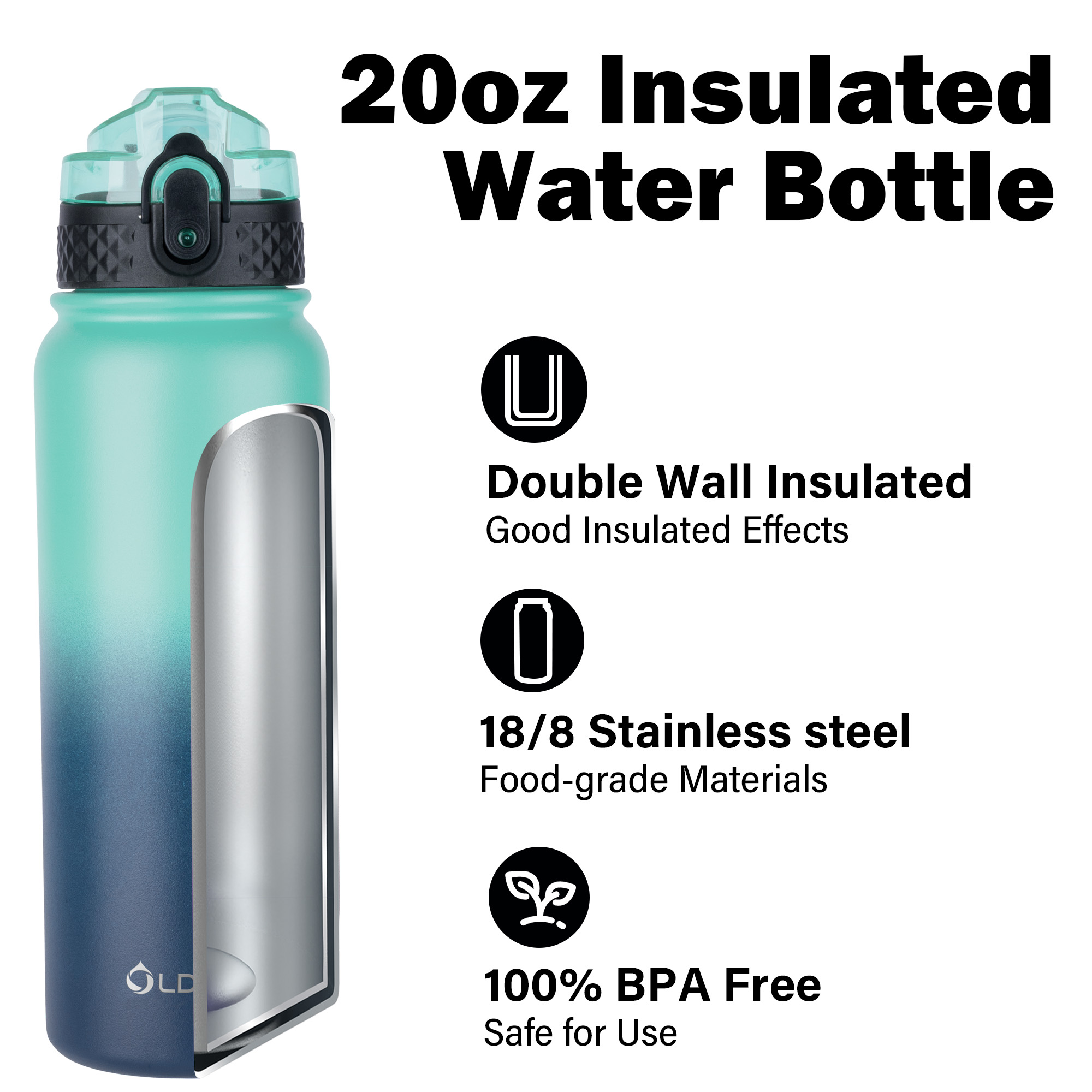 Oldley 20oz Triple Lid Thermos Bottle - Caribbean Blue Vacuum Insulated Water Flask - Image 6