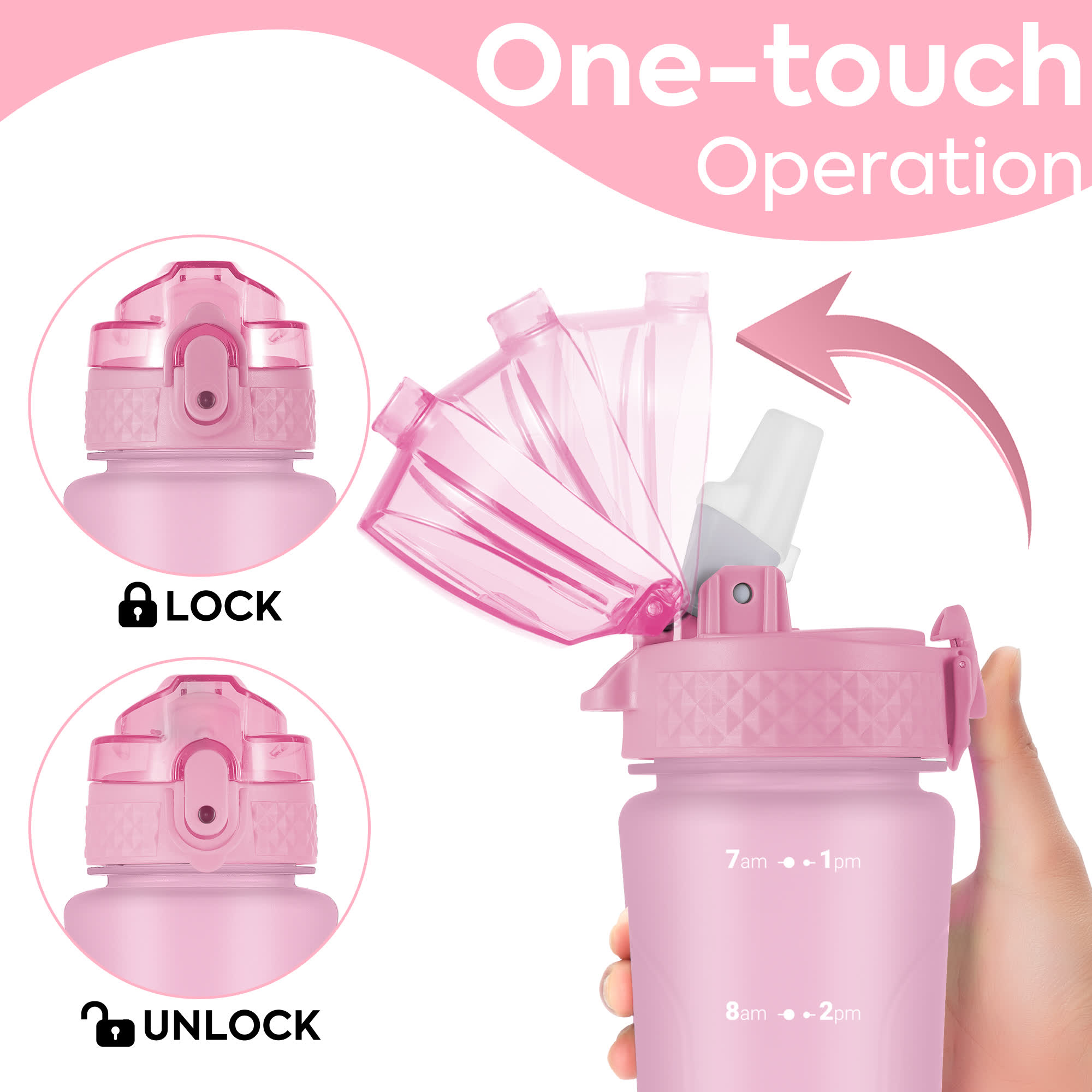 Oldley 15oz Kids Water Bottle - Classic Pink Dual Lid Cup - Image 3