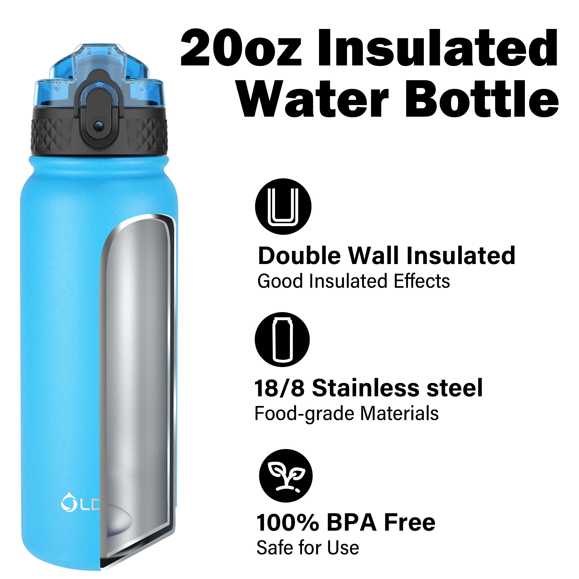 Oldley 20oz Triple Lid Thermos Bottle - Blue Vacuum Insulated Water Flask - Image 4