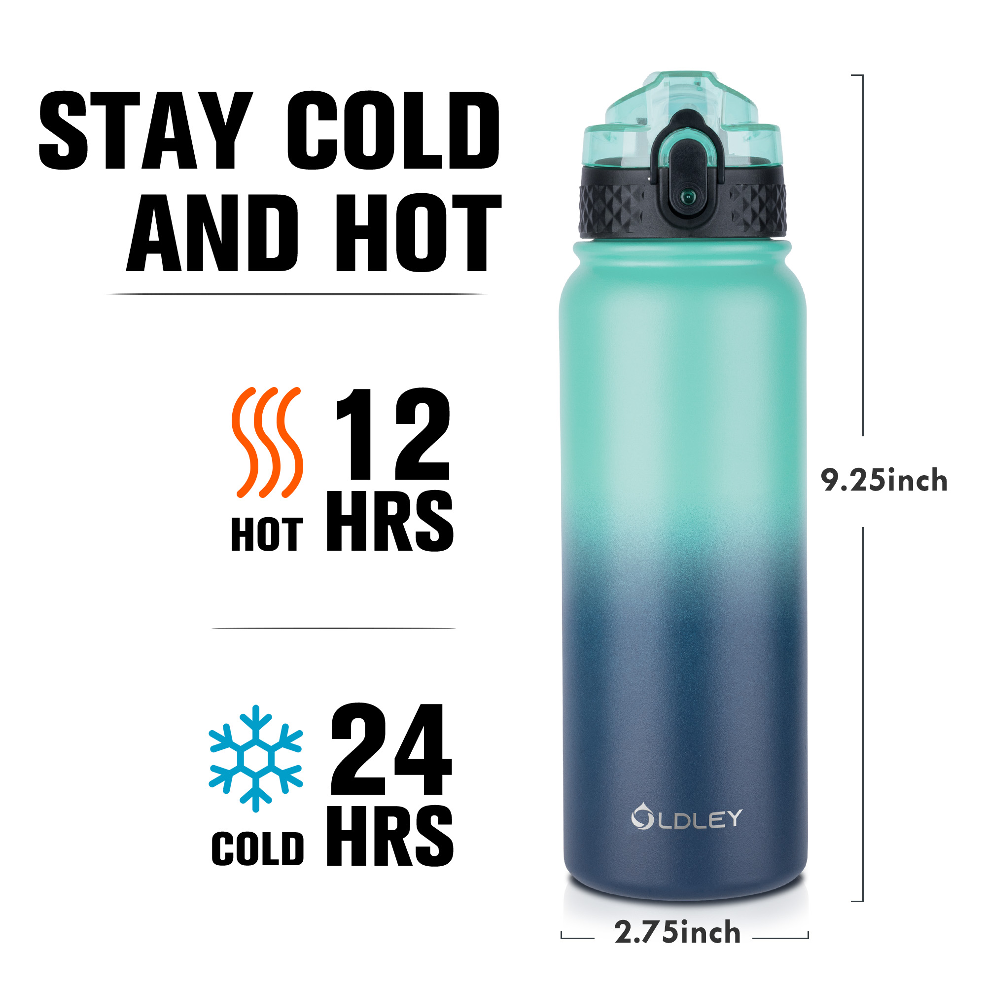 Oldley 20oz Triple Lid Thermos Bottle - Caribbean Blue Vacuum Insulated Water Flask - Image 5