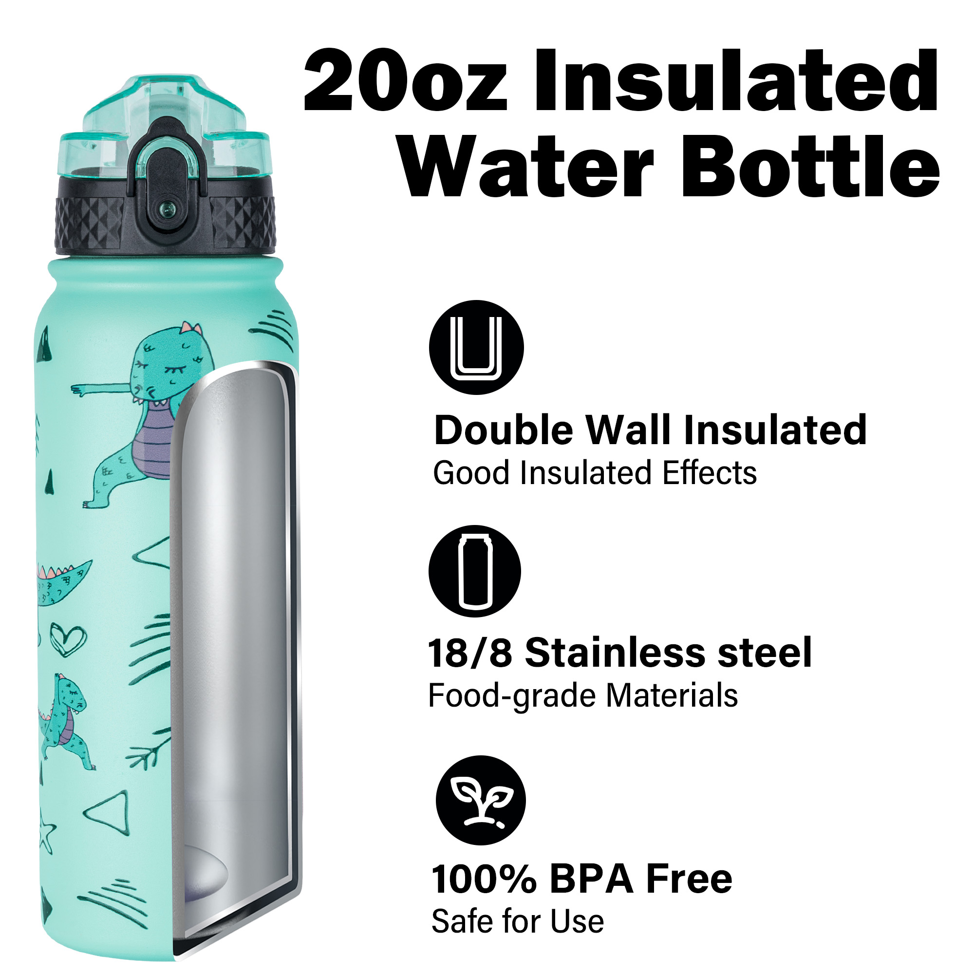 Oldley 20oz Triple Lid Thermos Bottle - 3D Cute Dinosaur Vacuum Insulated Water Flask - Image 5