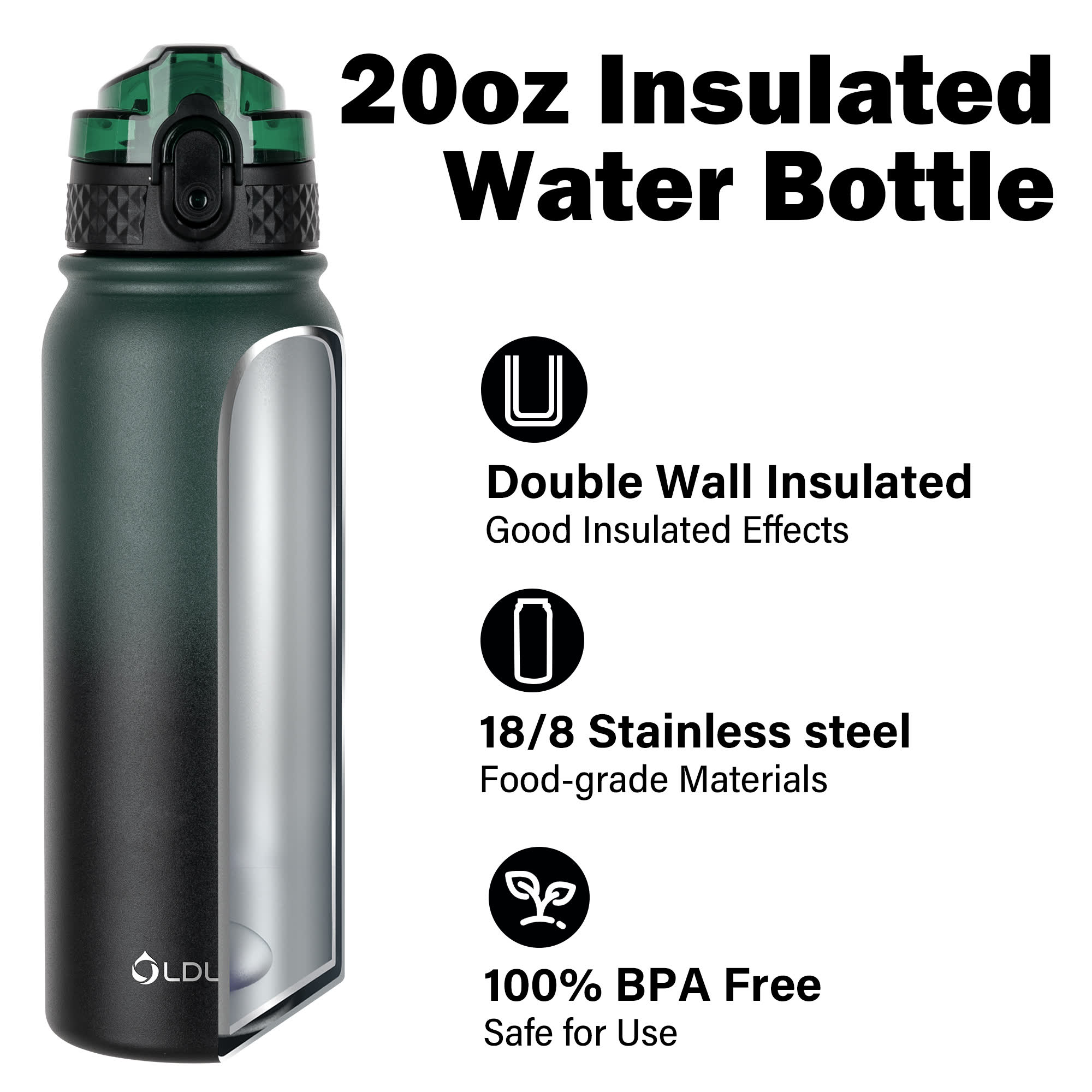 Oldley 20oz Triple Lid Thermos Bottle - 20oz Green-black Vacuum Insulated Water Flask - Image 5