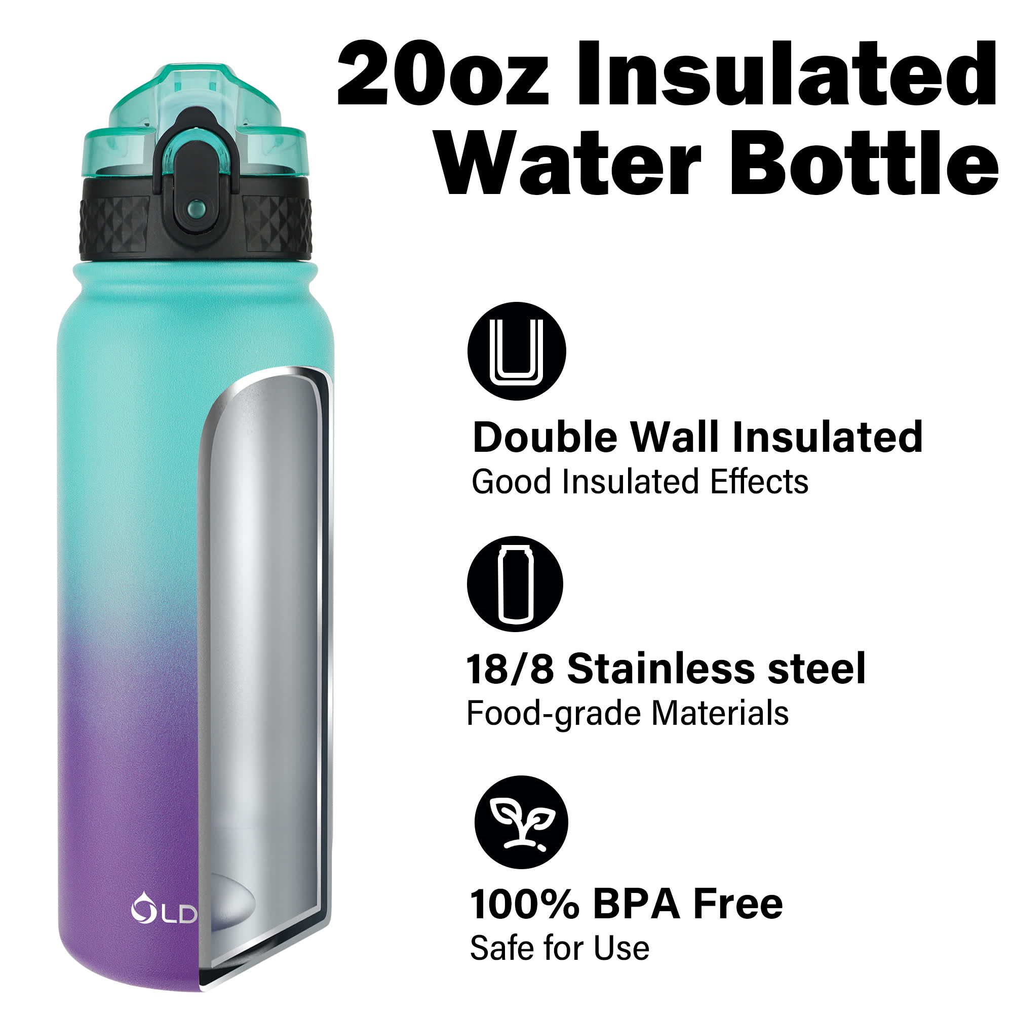 Oldley 20oz Triple Lid Thermos Bottle - 20oz Green Purple Vacuum Insulated Water Flask - Image 4