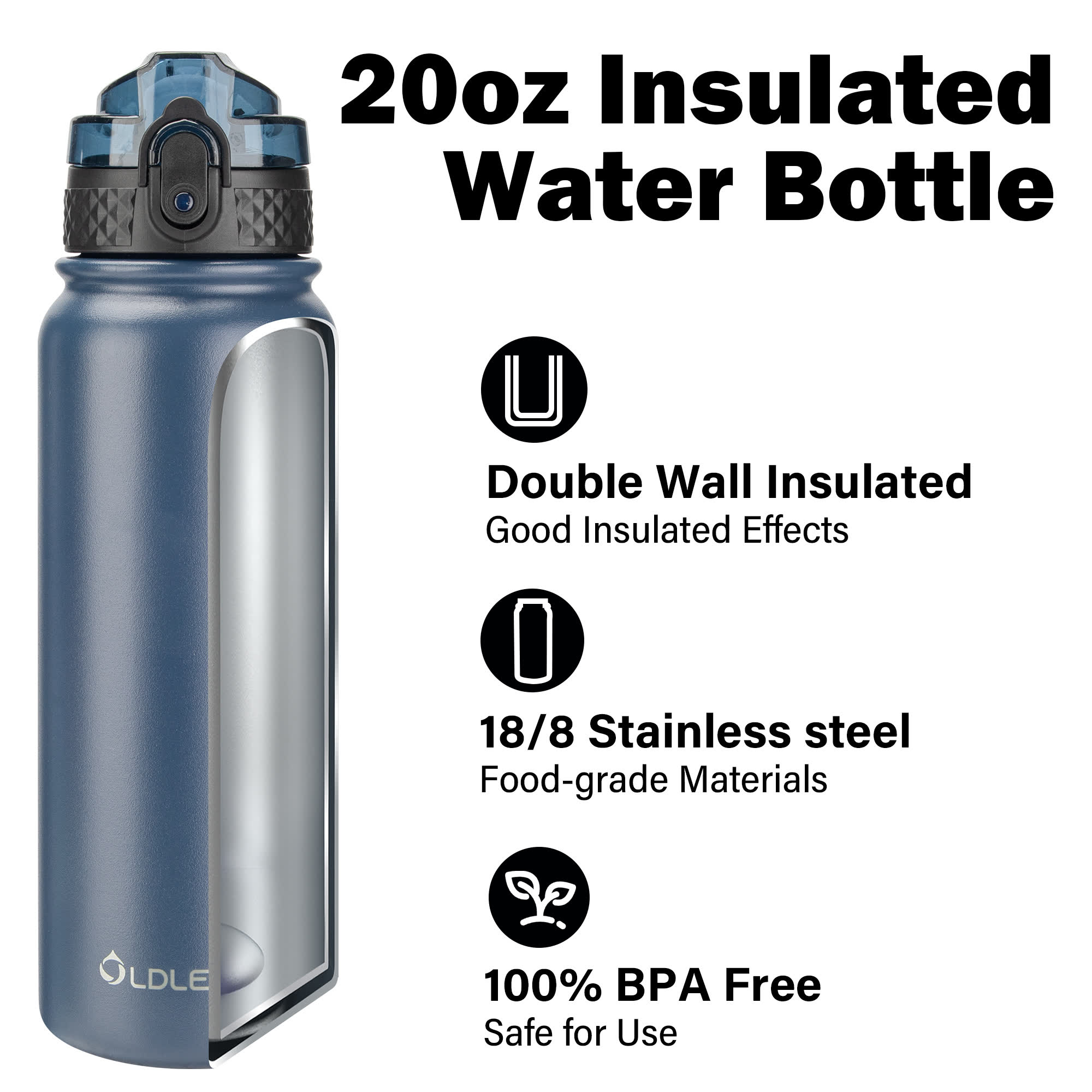 Oldley 20oz Triple Lid Thermos Bottle - 20oz Navy Blue Vacuum Insulated Water Flask - Image 7
