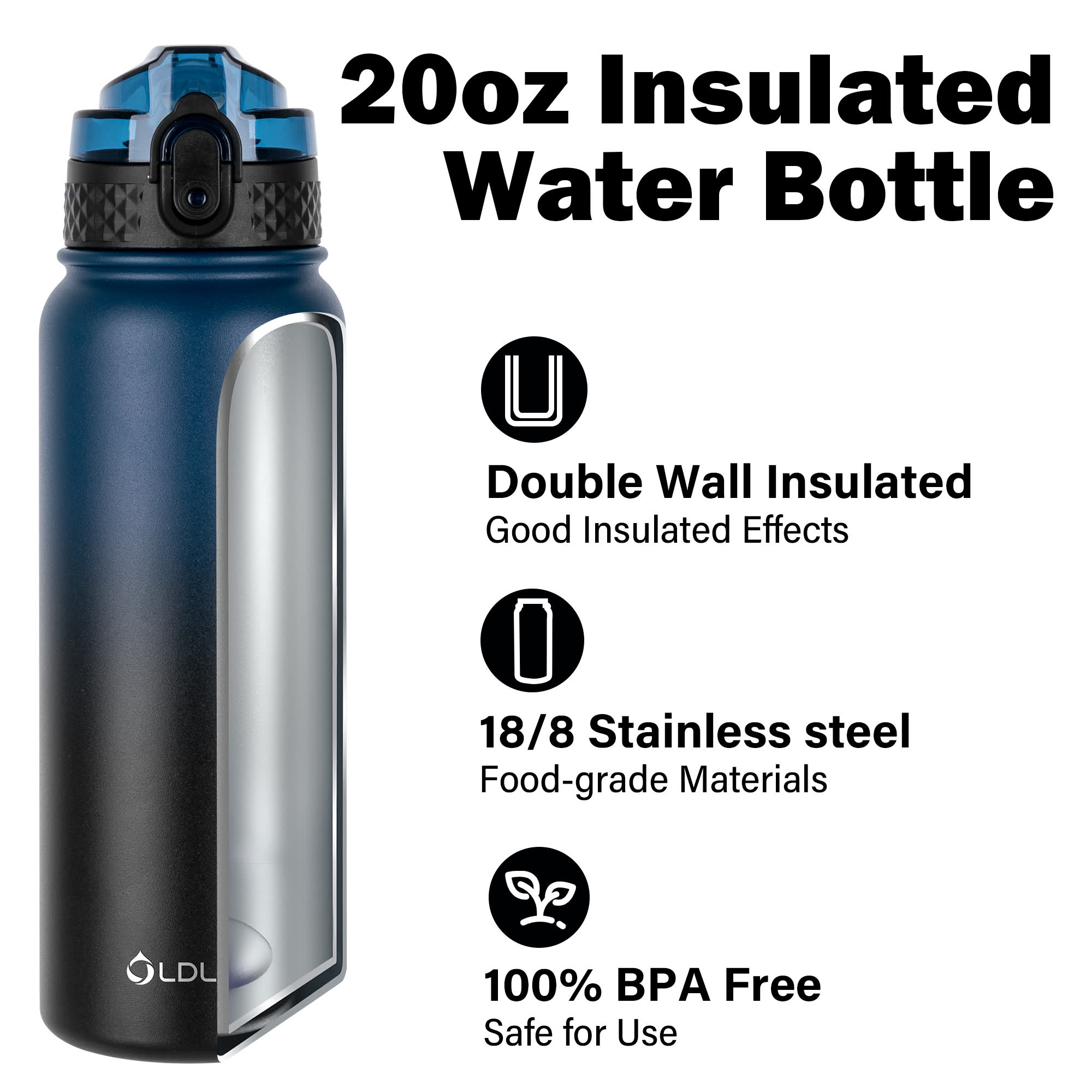 Oldley 20oz Triple Lid Thermos Bottle - 20oz blue Black Vacuum Insulated Water Flask - Image 5