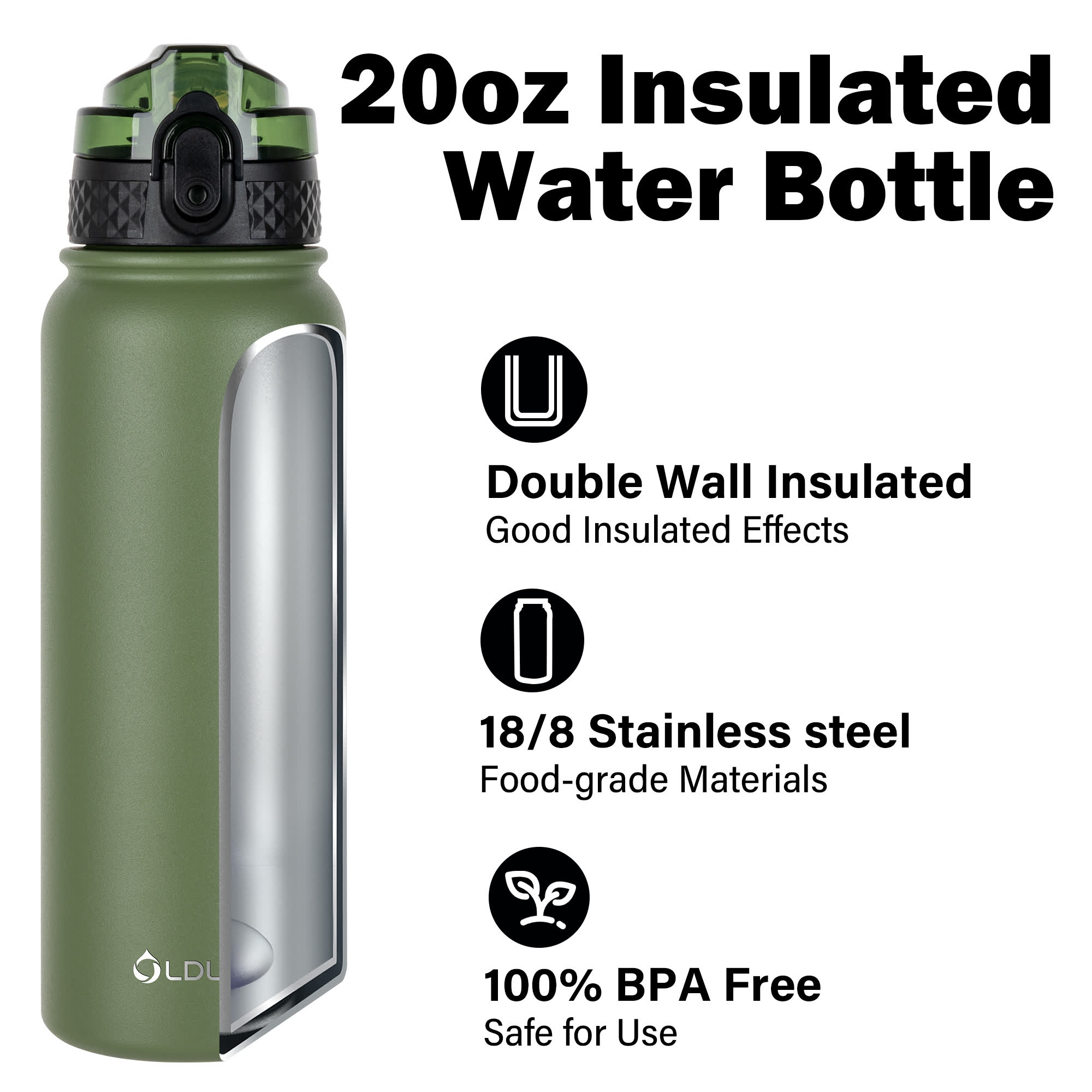 Oldley 20oz Triple Lid Thermos Bottle - 20oz olive green Vacuum Insulated Water Flask - Image 5