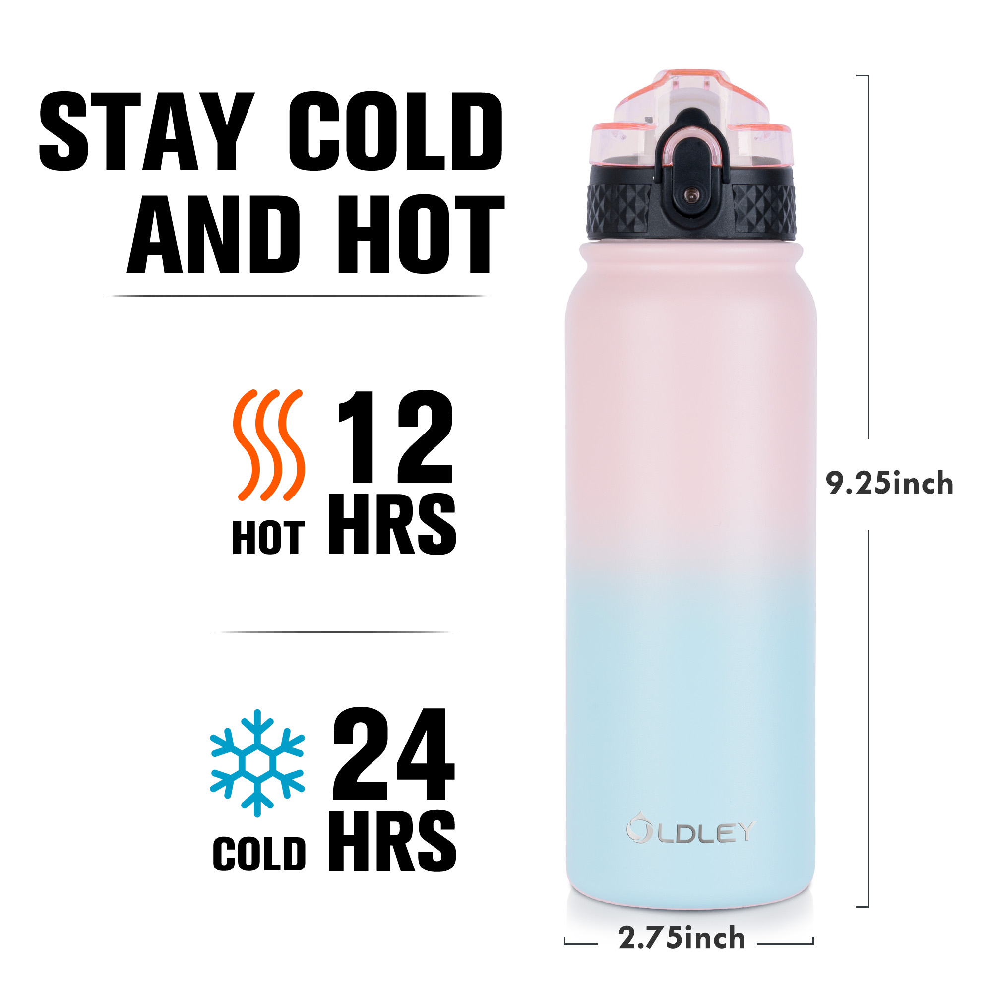 Oldley Pink & Blue Triple Lid Thermos - Insulated Sports Bottle - Image 4