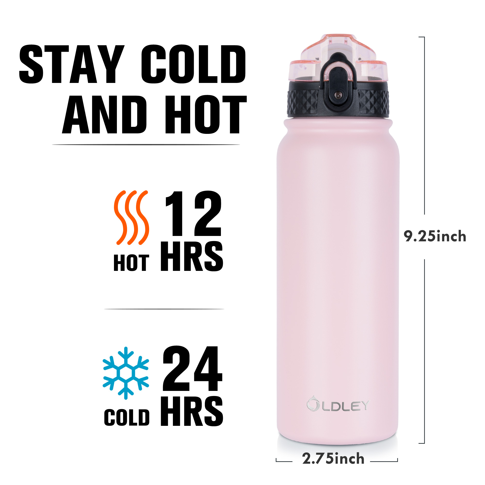 Oldley Classic Pink Triple Lid Thermos - Insulated Sports Bottle - Image 4