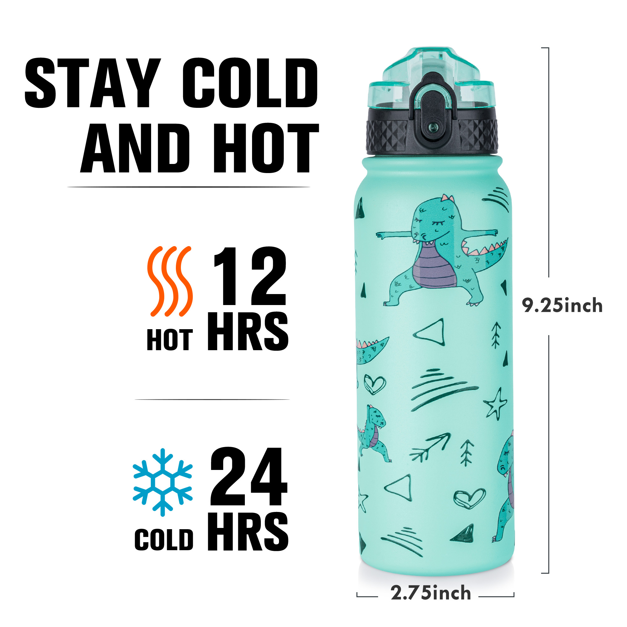 Oldley 20oz Triple Lid Thermos Bottle - 3D Cute Dinosaur Vacuum Insulated Water Flask - Image 4
