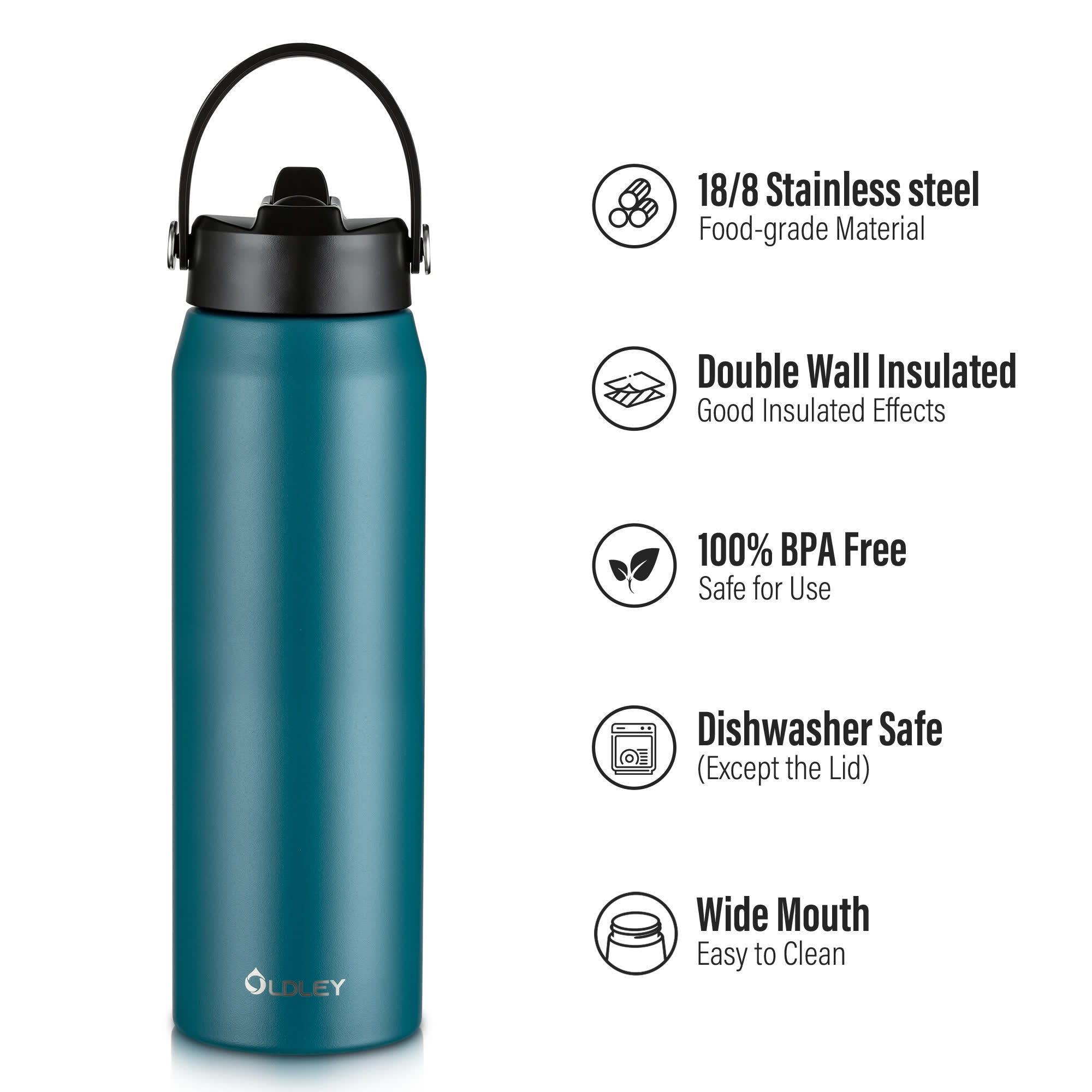 Oldley Dark Green Teal Vacuum Insulated Thermos Bottle - 32oz - Image 11