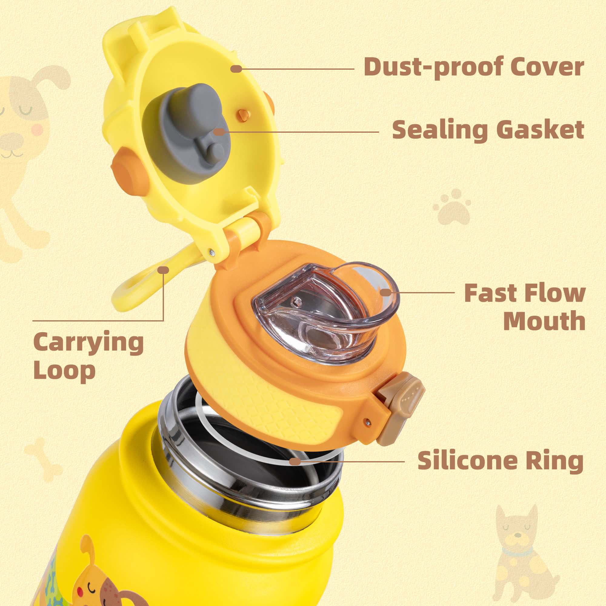 Oldley 12oz Kids Insulated Bottle - Yellow Playful Cartoon Dog Edition - Image 8
