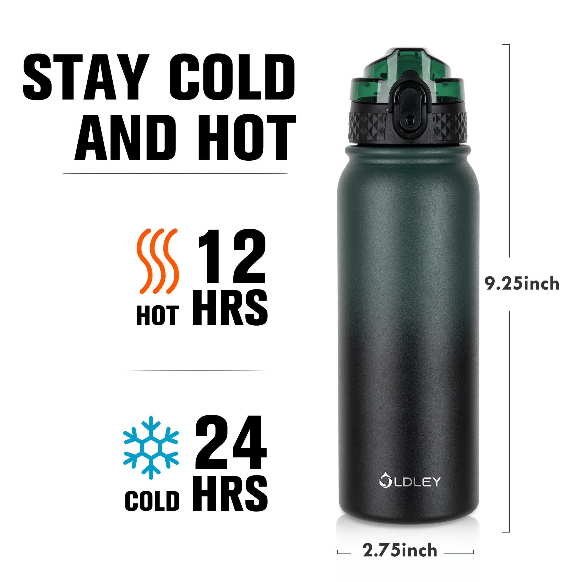 Oldley 20oz Triple Lid Thermos Bottle - 20oz Green-black Vacuum Insulated Water Flask - Image 4