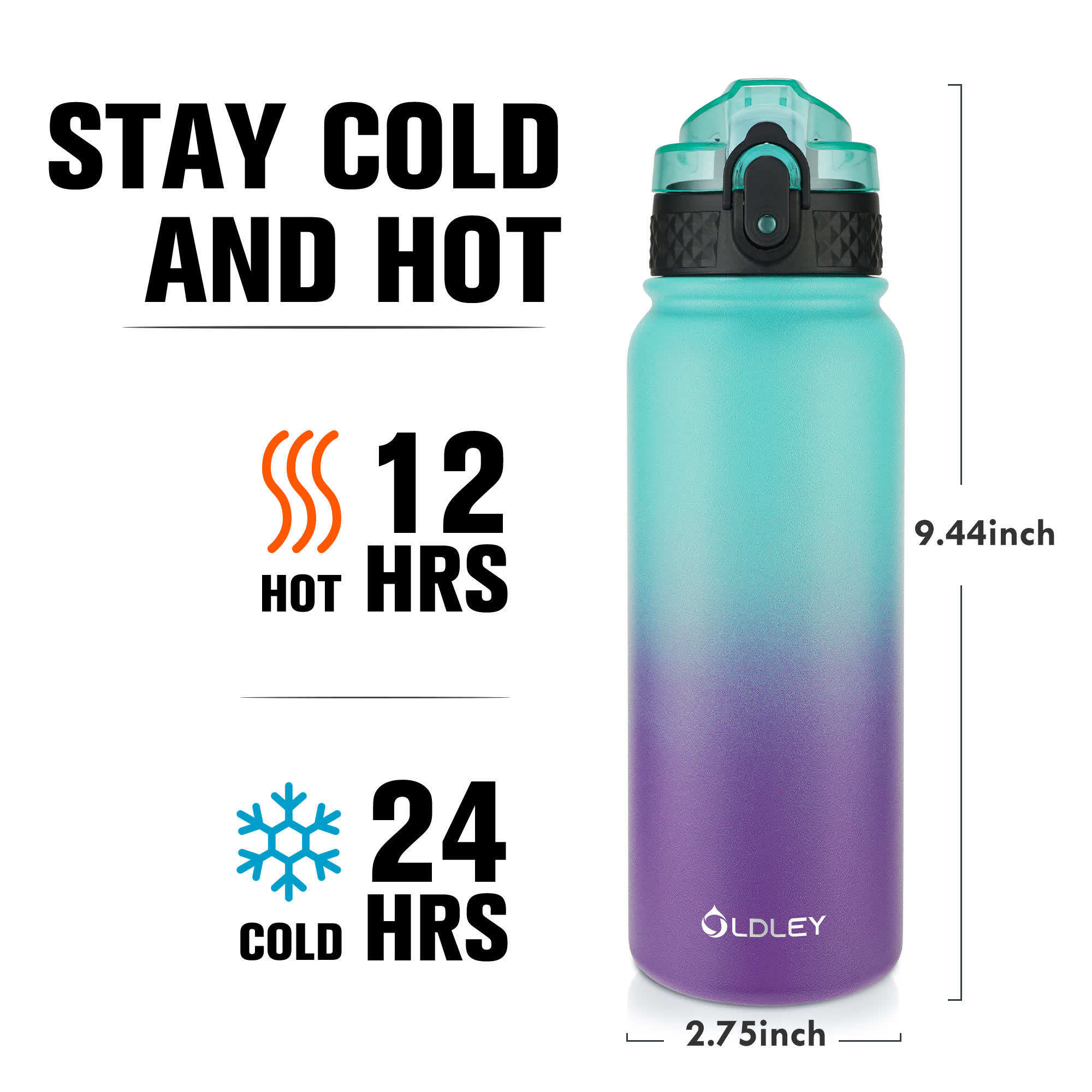Oldley 20oz Triple Lid Thermos Bottle - 20oz Green Purple Vacuum Insulated Water Flask - Image 3