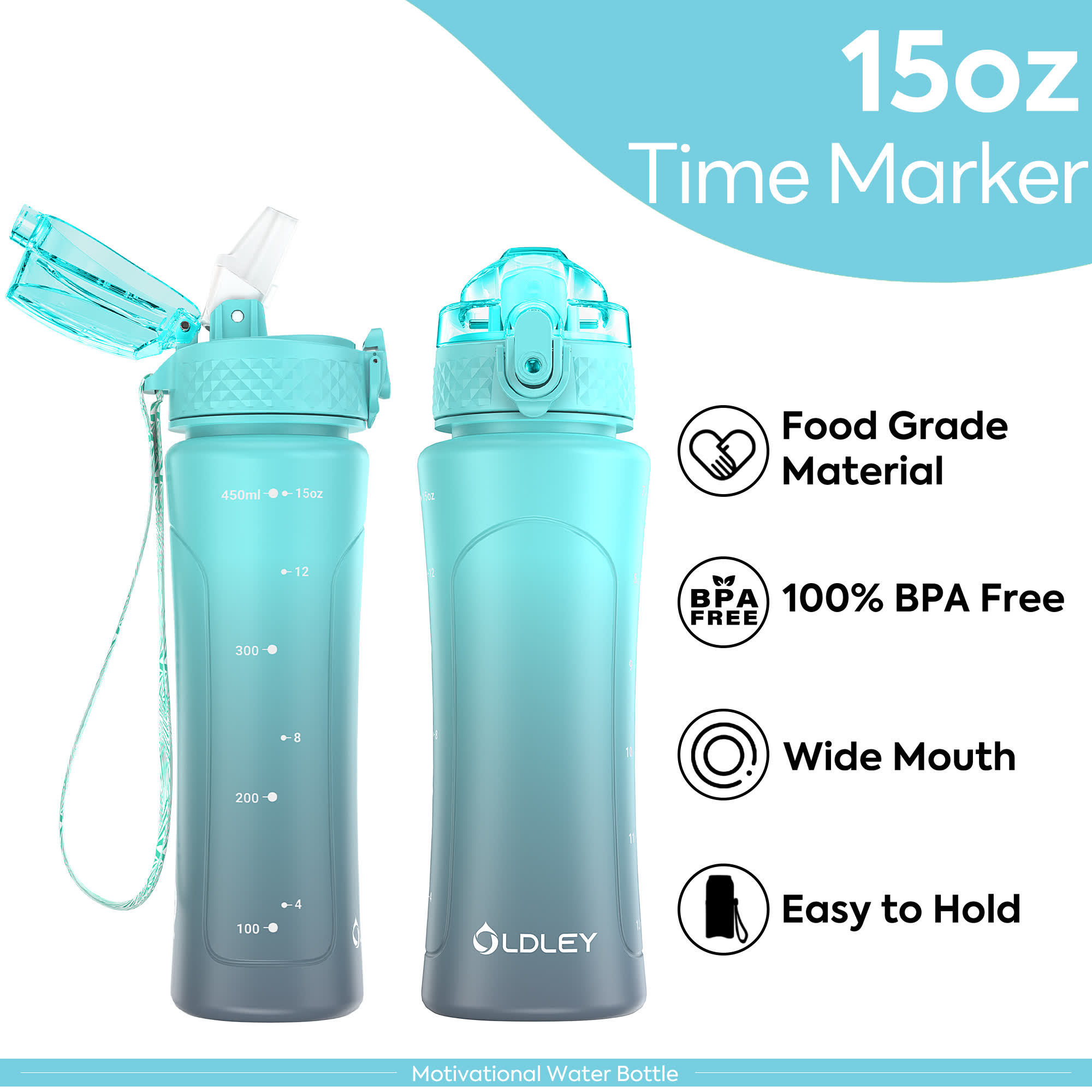 Oldley 15oz Kids Water Bottle - Blue Grey Dual Lid Cup - Image 5