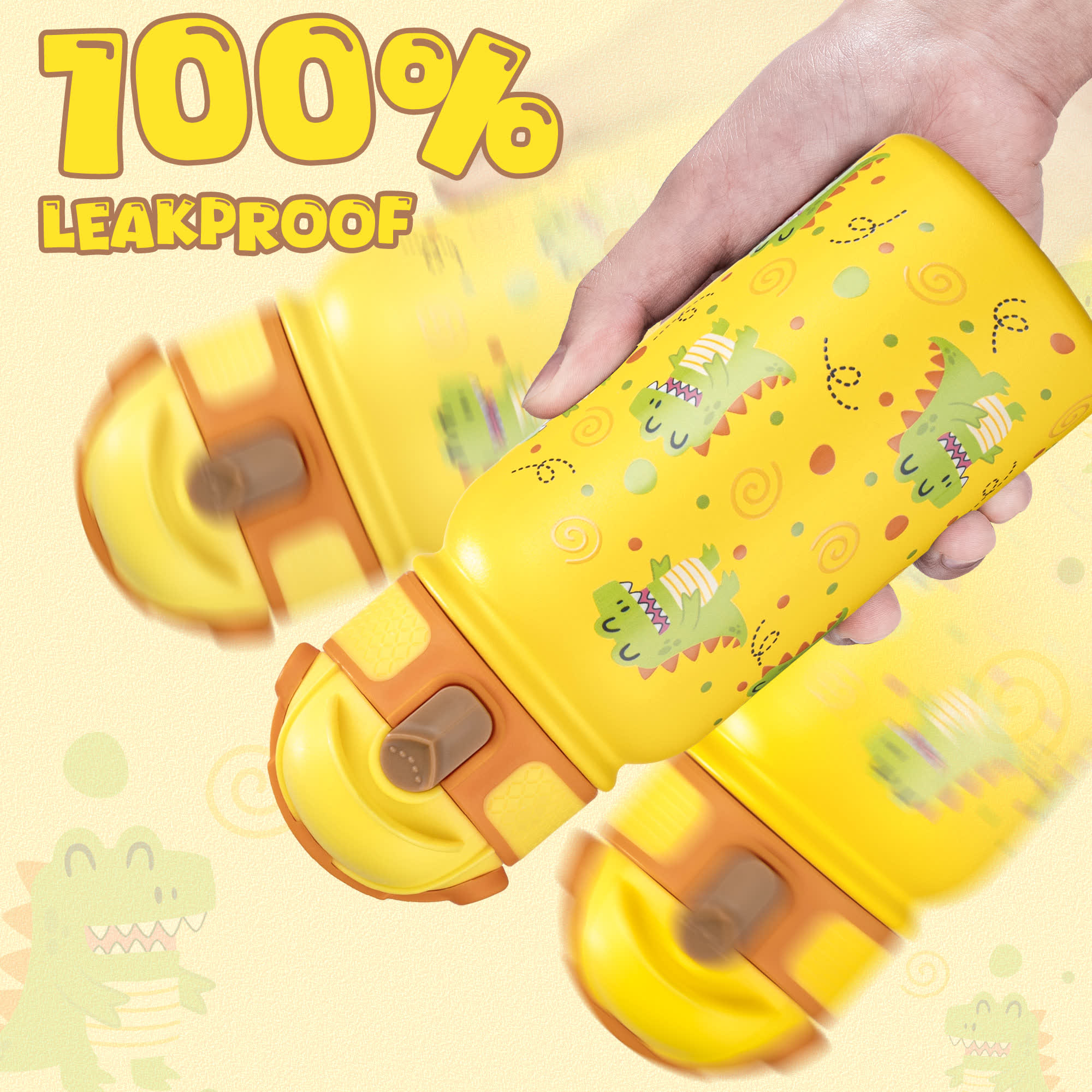 Oldley 12oz Kids Insulated Bottle - Bright Yellow Cartoon Dinosaur Edition - Image 3
