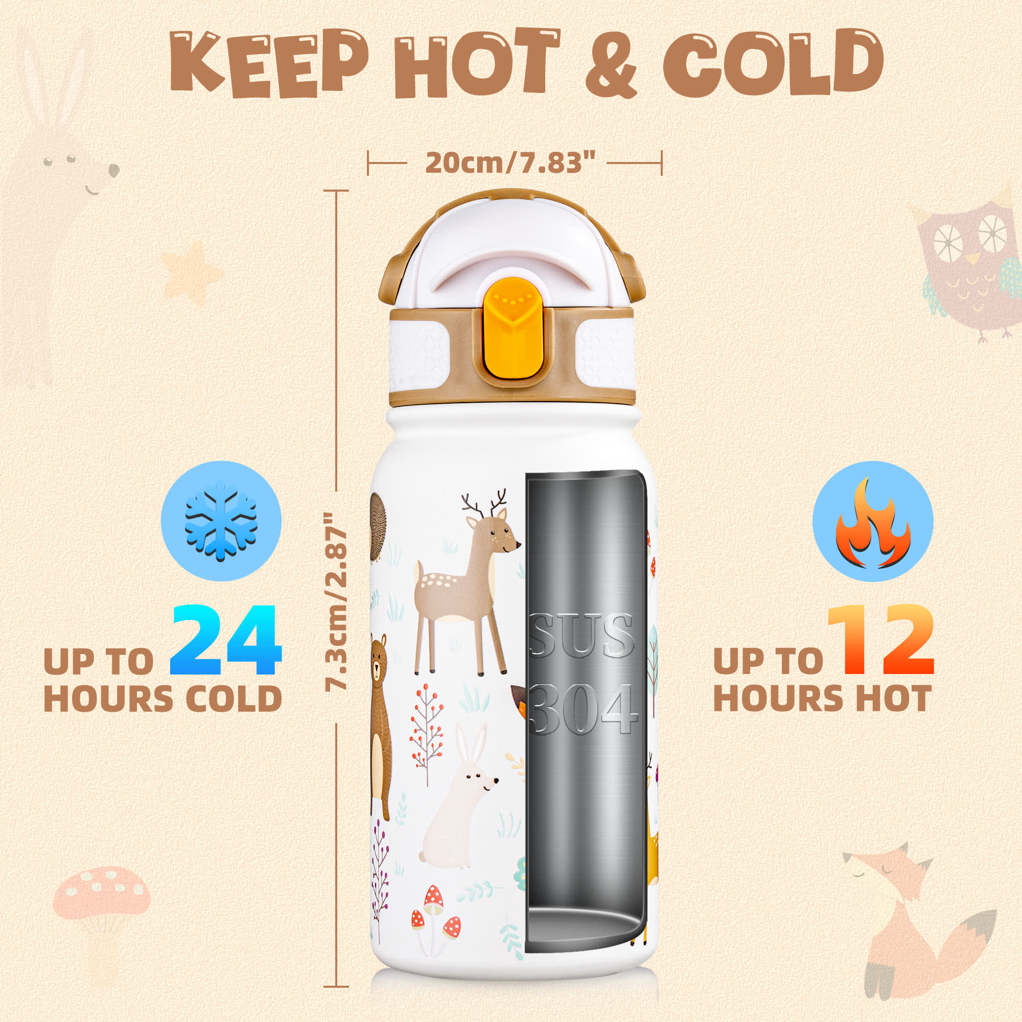 Oldley 12oz Kids Insulated Bottle - White Forest Animal Edition - Image 7