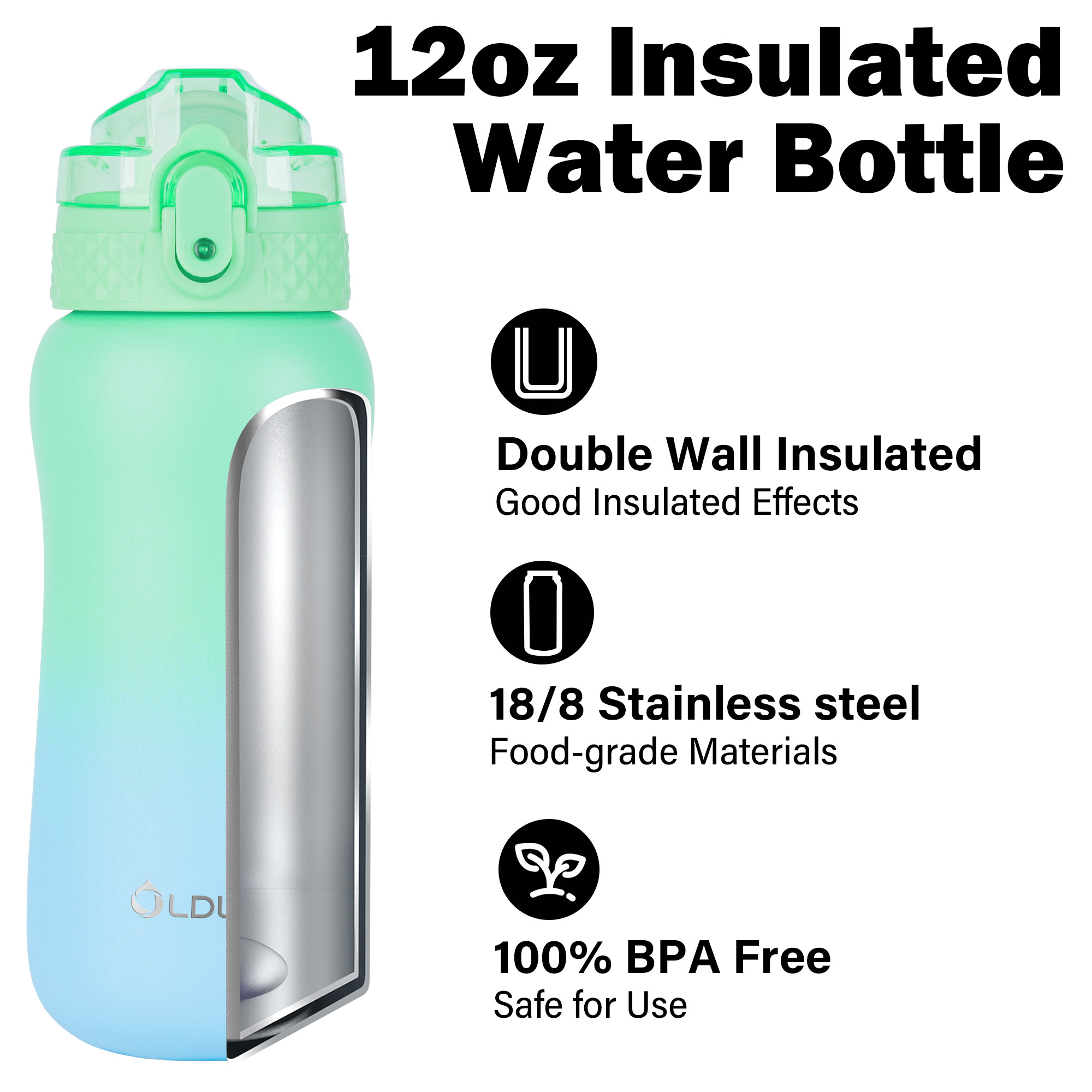 Oldley 12oz Leaf Green Blue Small Kids Insulated Thermos - Image 8